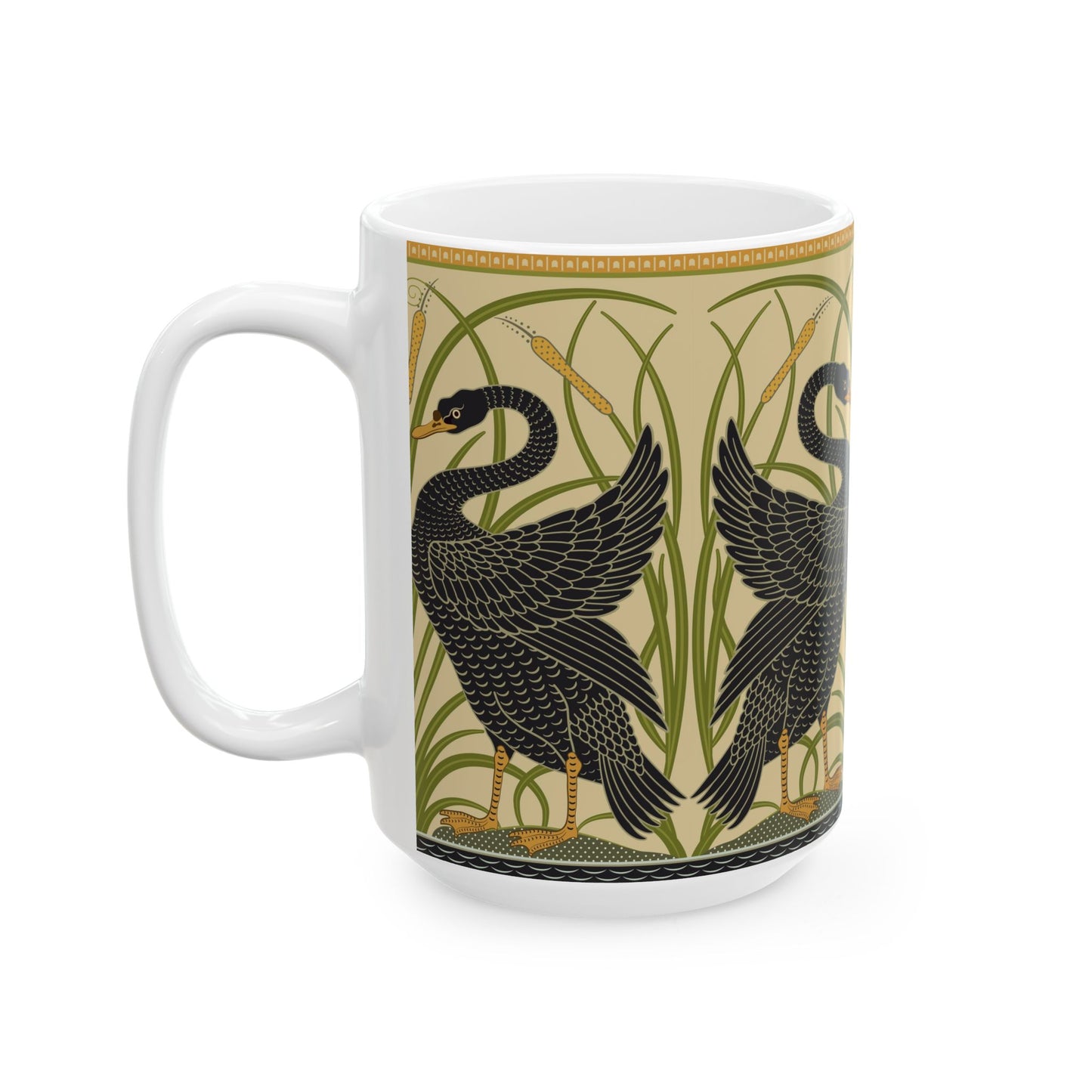 Ceramic Mug in an Arts & Crafts pattern inspired by William Morris & Co with a pattern by Walter Crane called Black Swan Collection (Cygnus Aatratus)
