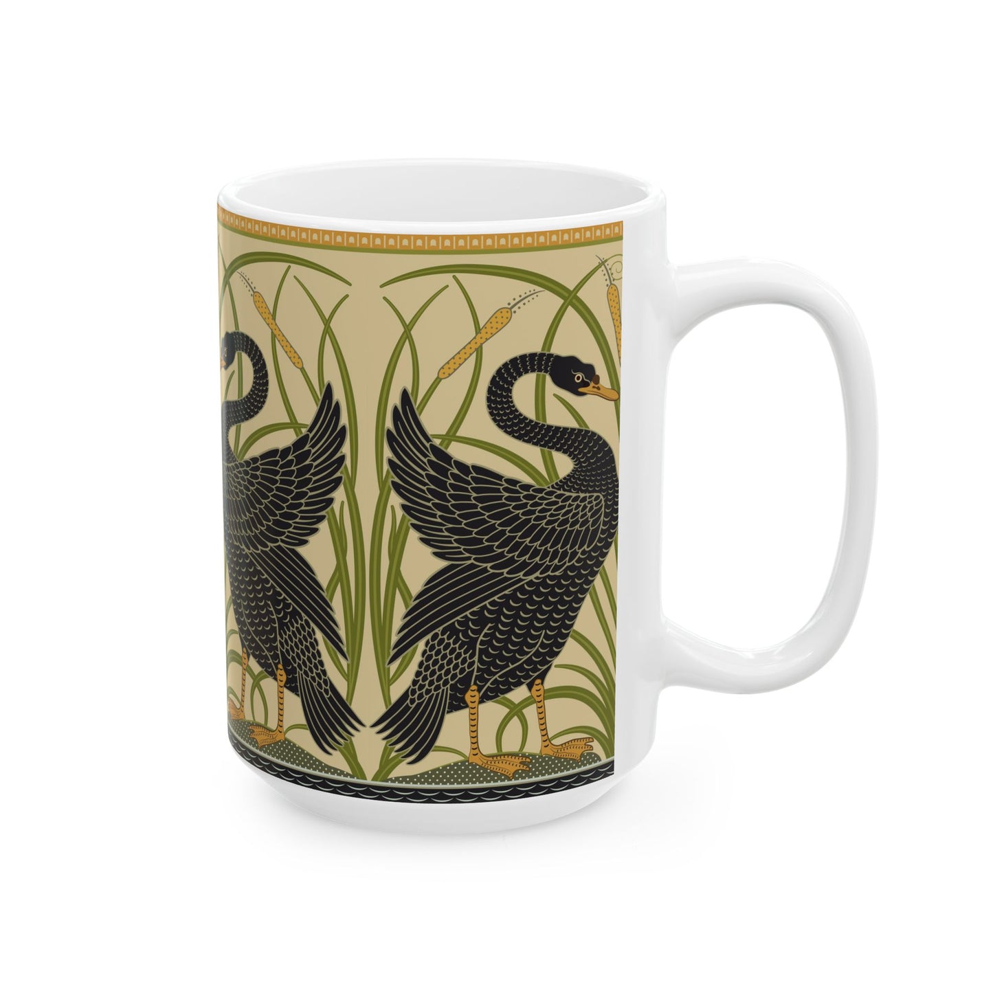 Ceramic Mug in an Arts & Crafts pattern inspired by William Morris & Co with a pattern by Walter Crane called Black Swan Collection (Cygnus Aatratus)