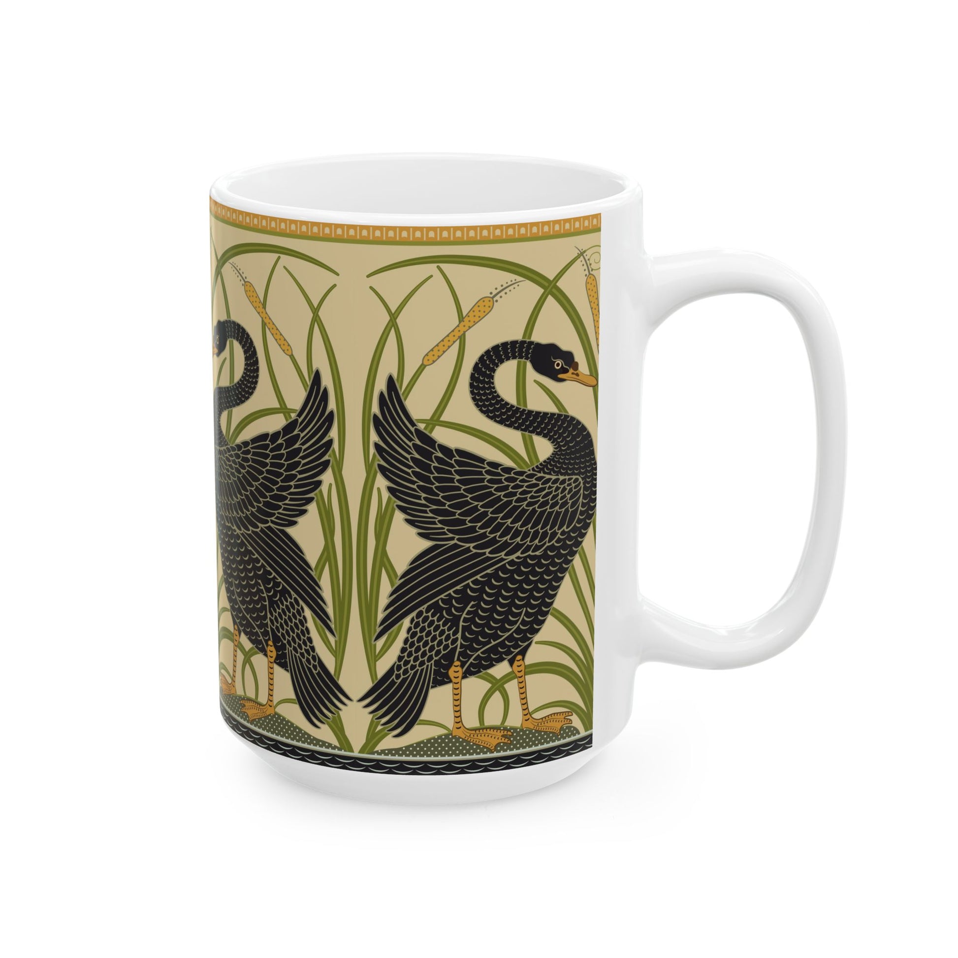 Ceramic Mug in an Arts & Crafts pattern inspired by William Morris & Co with a pattern by Walter Crane called Black Swan Collection (Cygnus Aatratus)