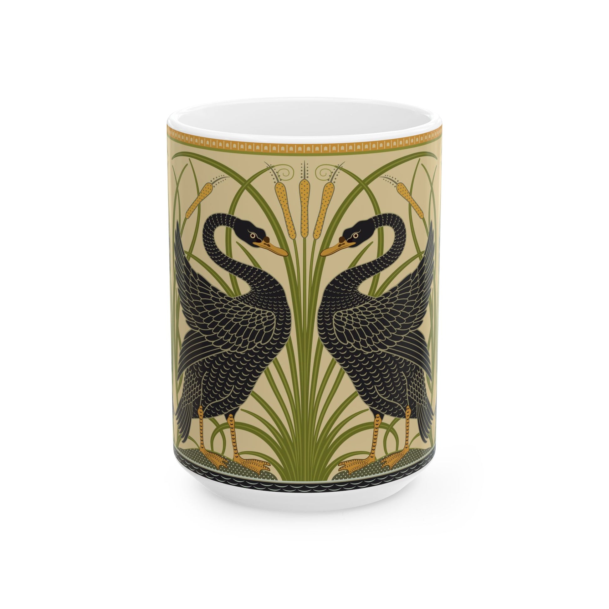 Ceramic Mug in an Arts & Crafts pattern inspired by William Morris & Co with a pattern by Walter Crane called Black Swan Collection (Cygnus Aatratus)