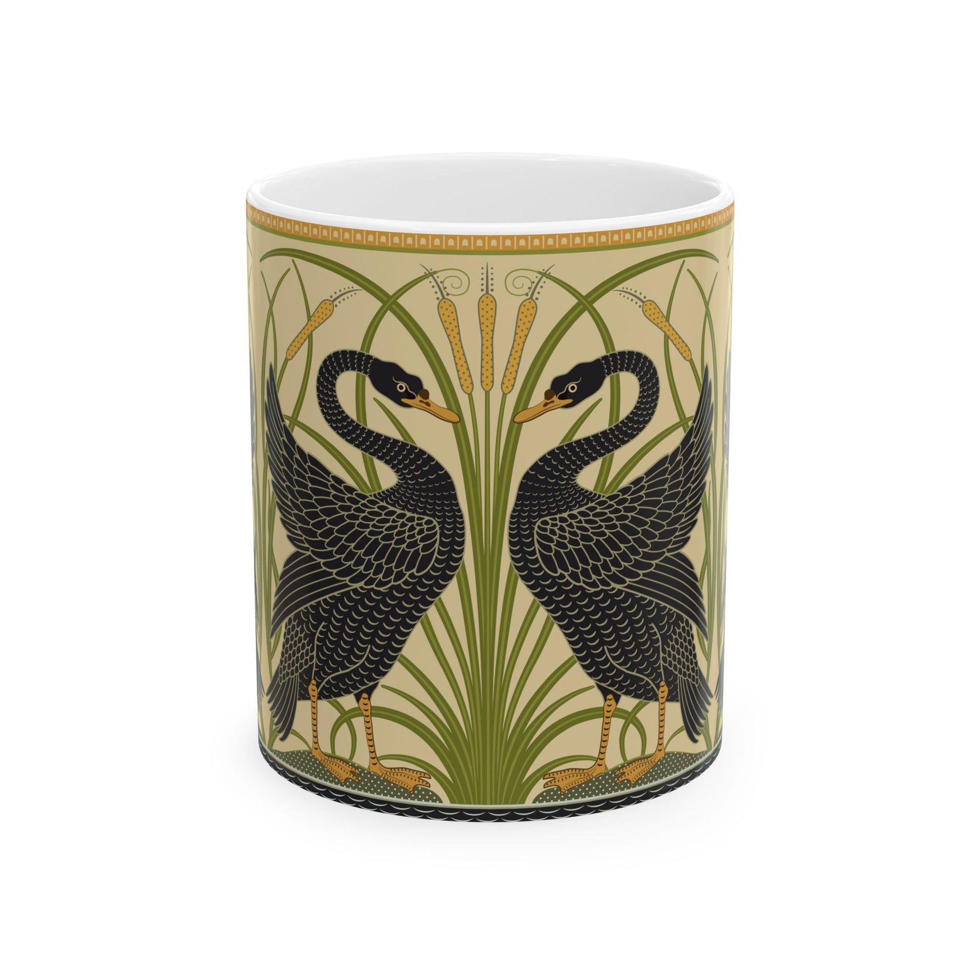 Ceramic Mug in an Arts & Crafts pattern inspired by William Morris & Co with a pattern by Walter Crane called Black Swan Collection (Cygnus Aatratus)