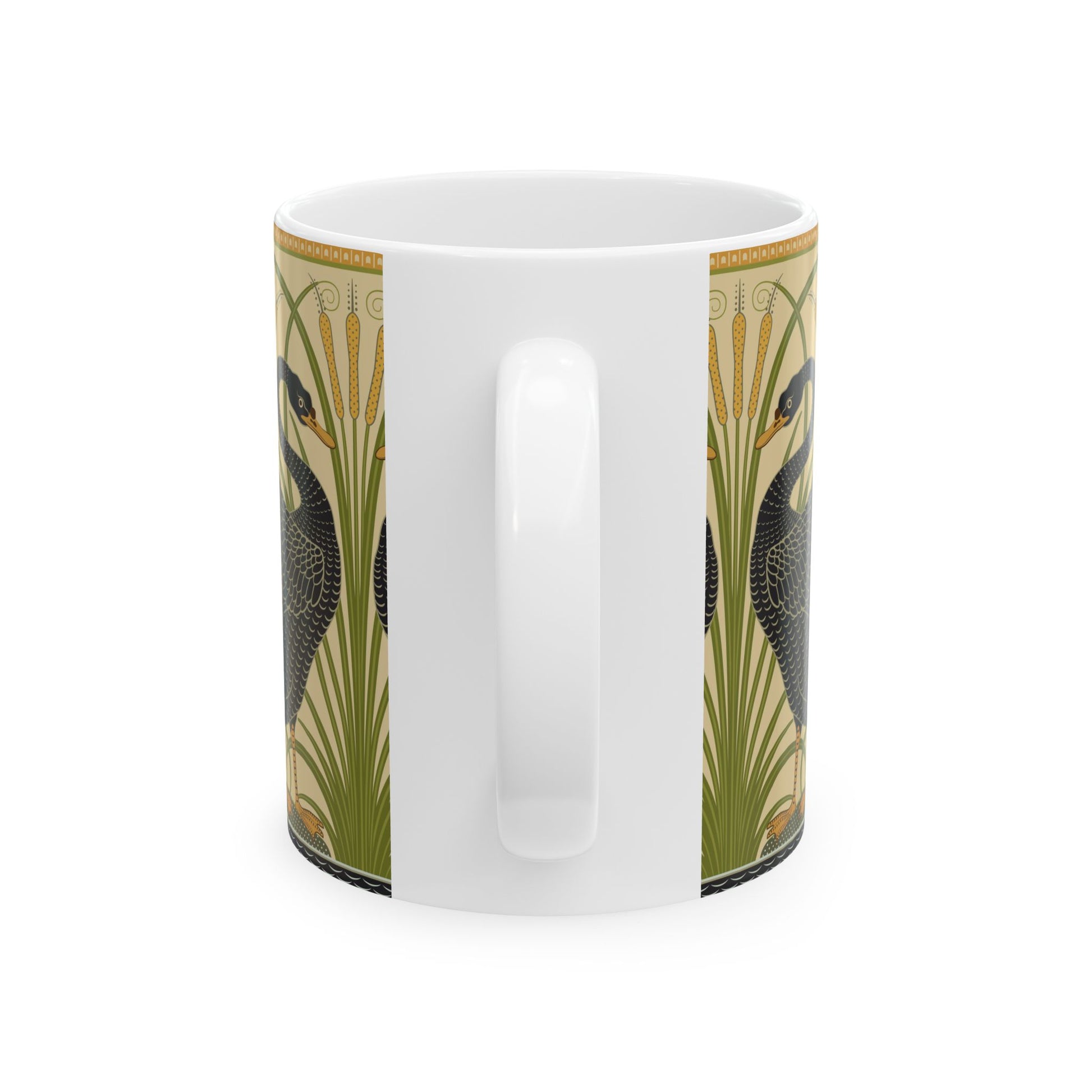 Ceramic Mug in an Arts & Crafts pattern inspired by William Morris & Co with a pattern by Walter Crane called Black Swan Collection (Cygnus Aatratus)