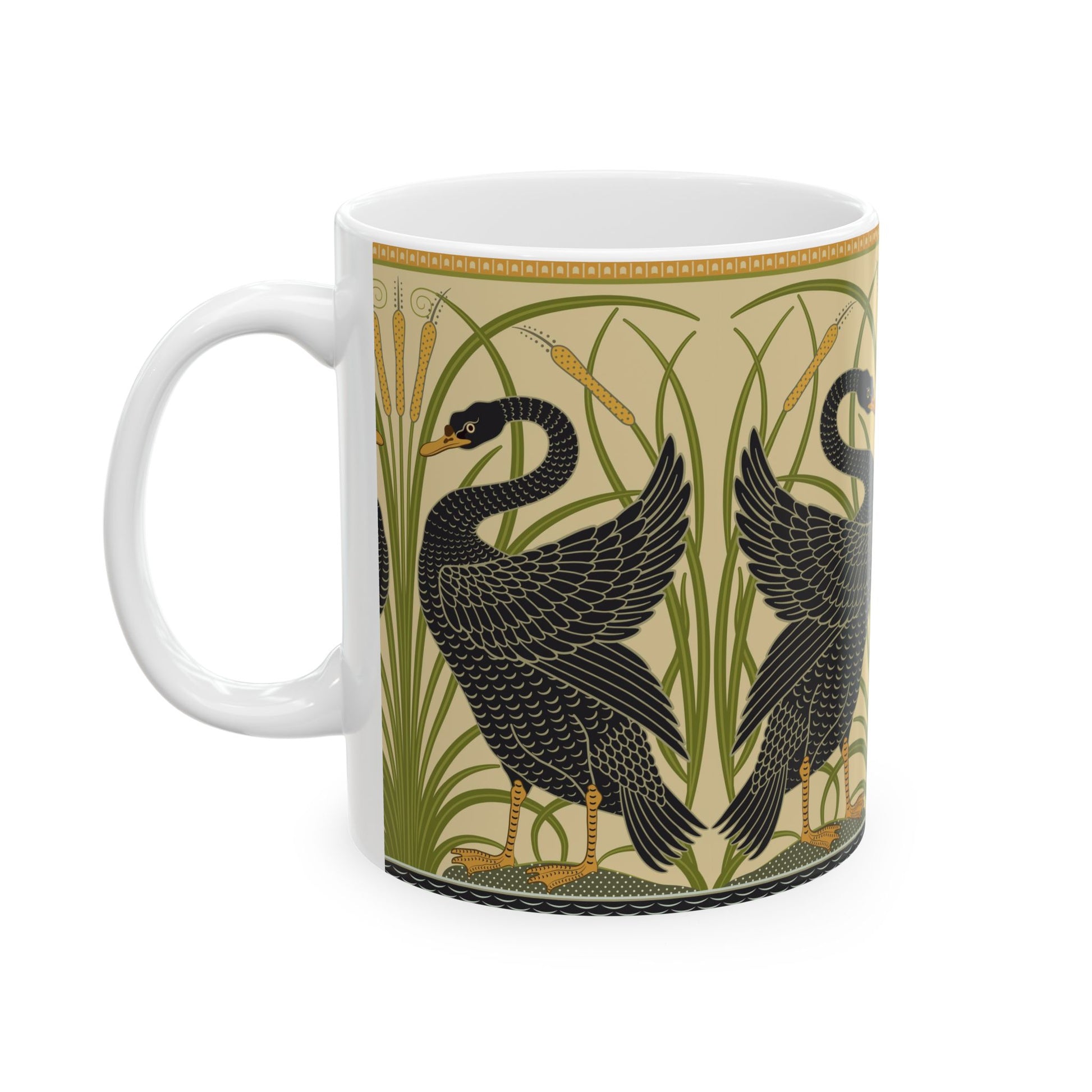Ceramic Mug in an Arts & Crafts pattern inspired by William Morris & Co with a pattern by Walter Crane called Black Swan Collection (Cygnus Aatratus)