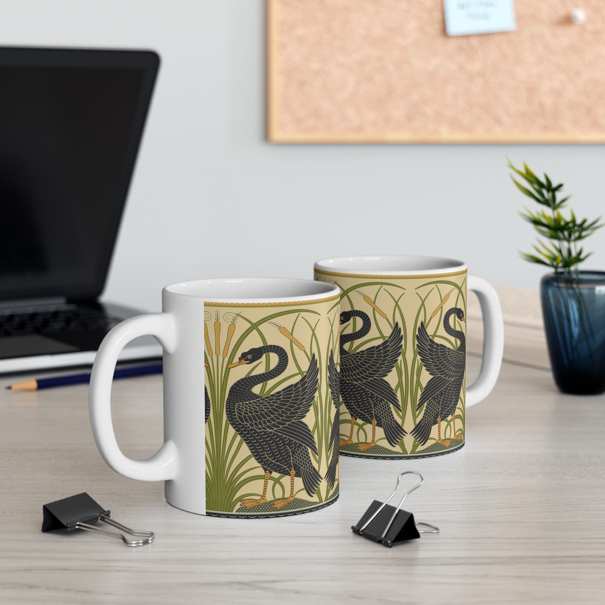 Ceramic Mug in an Arts & Crafts pattern inspired by William Morris & Co with a pattern by Walter Crane called Black Swan Collection (Cygnus Aatratus)