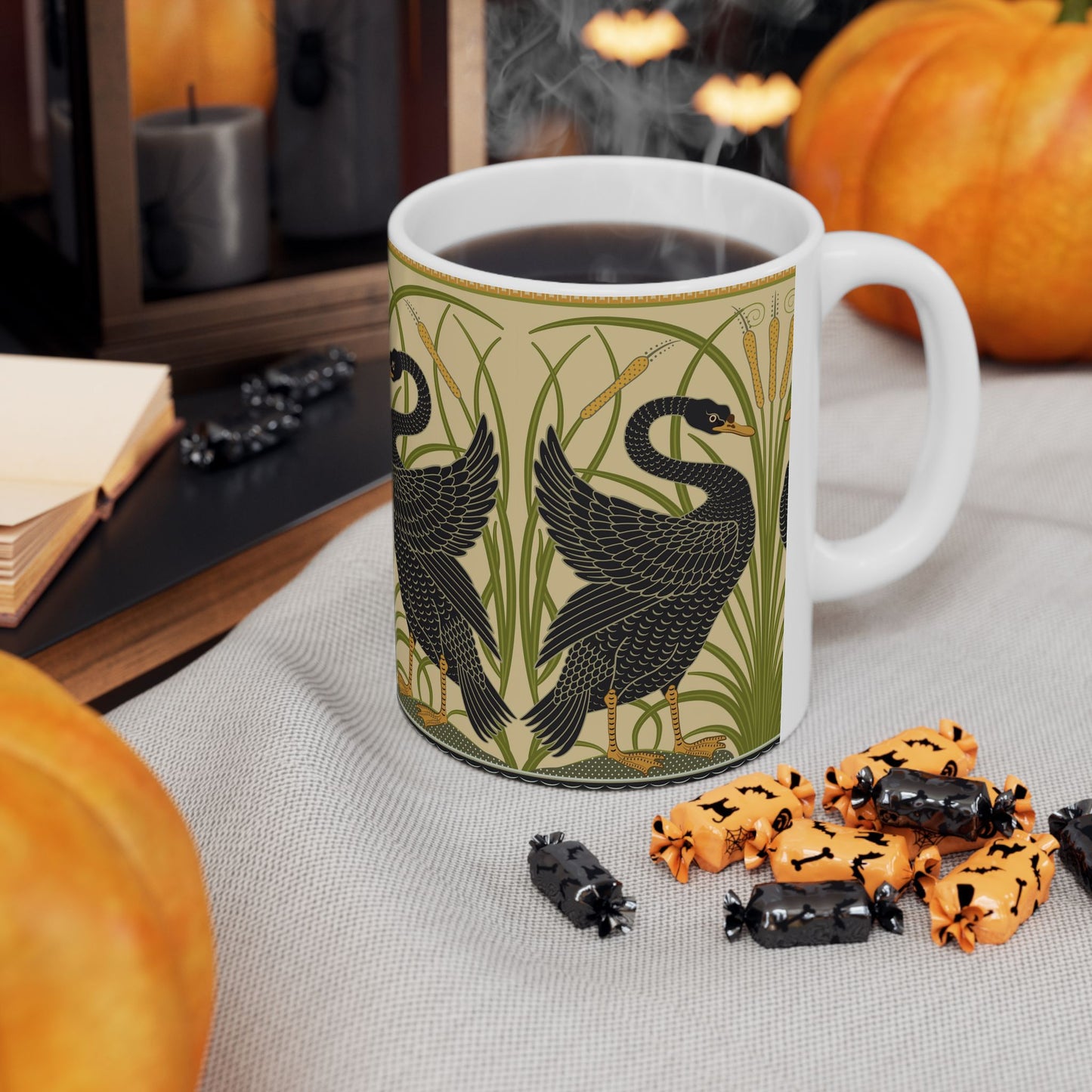 Ceramic Mug in an Arts & Crafts pattern inspired by William Morris & Co with a pattern by Walter Crane called Black Swan Collection (Cygnus Aatratus)