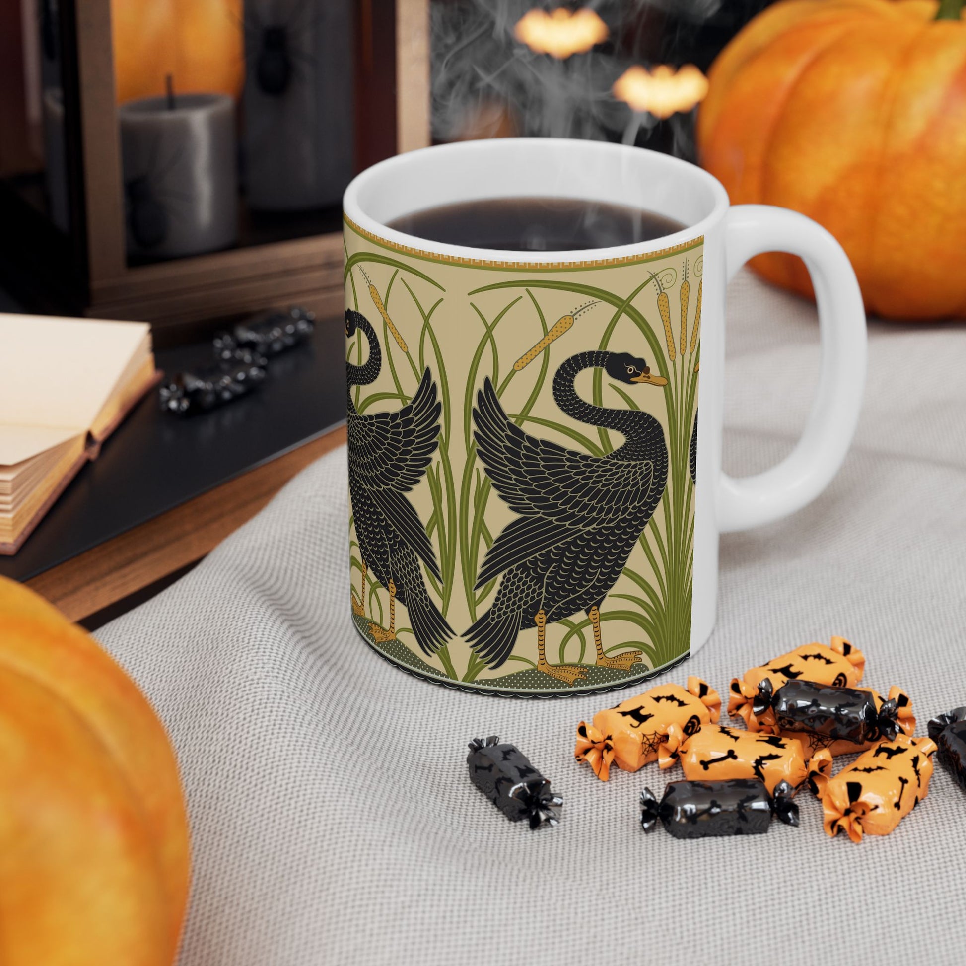 Ceramic Mug in an Arts & Crafts pattern inspired by William Morris & Co with a pattern by Walter Crane called Black Swan Collection (Cygnus Aatratus)