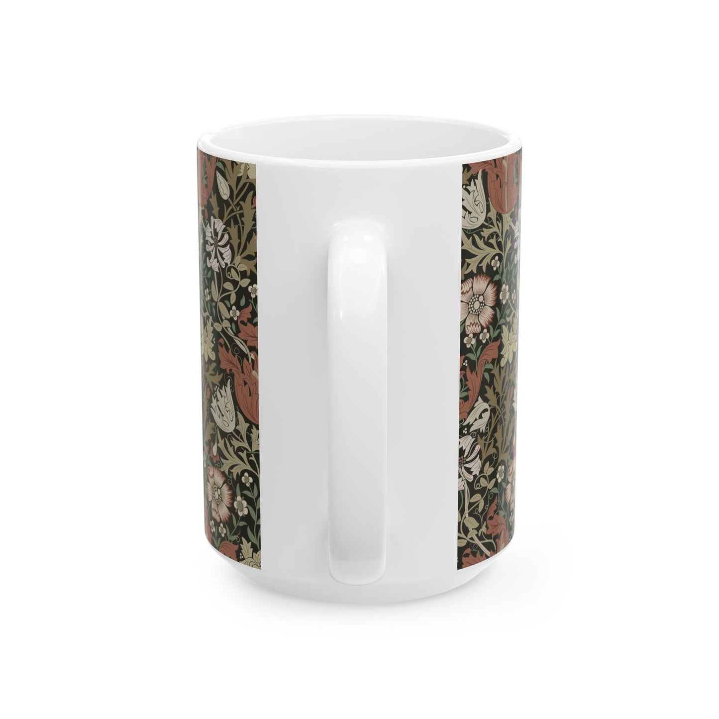 A white ceramic mug with a floral Arts & Crafts pattern called Compton which was inspired by William Morris & Co