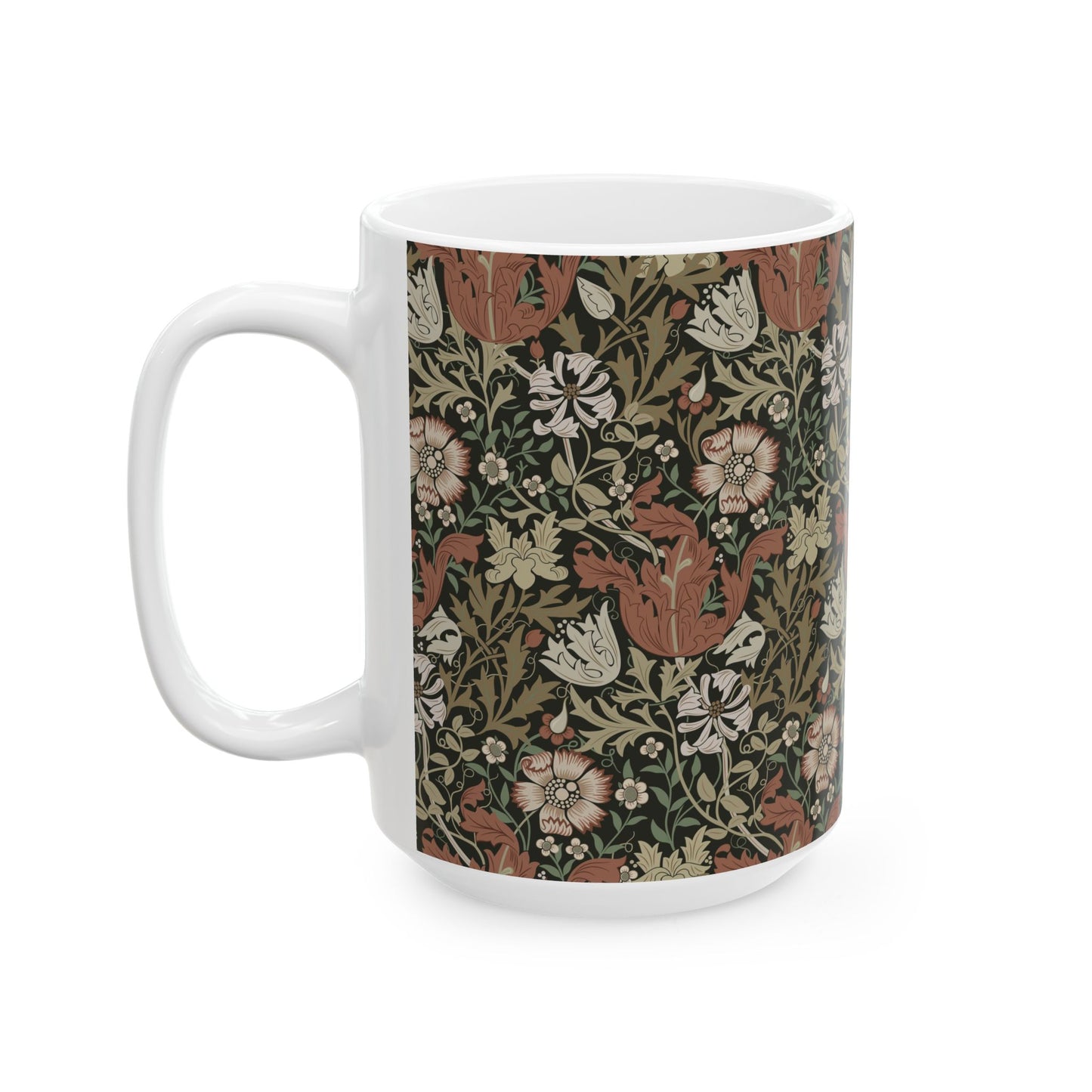 A white ceramic mug with a floral Arts & Crafts pattern called Compton which was inspired by William Morris & Co