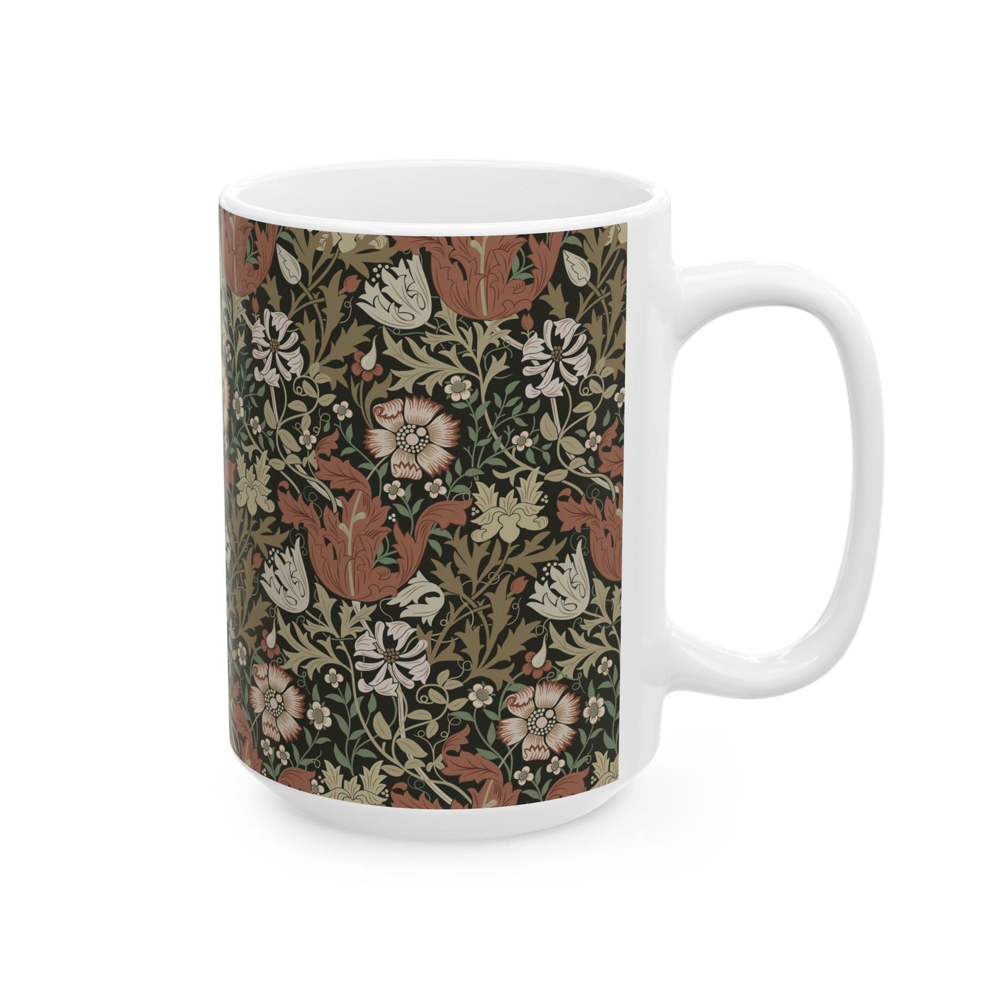 A white ceramic mug with a floral Arts & Crafts pattern called Compton which was inspired by William Morris & Co