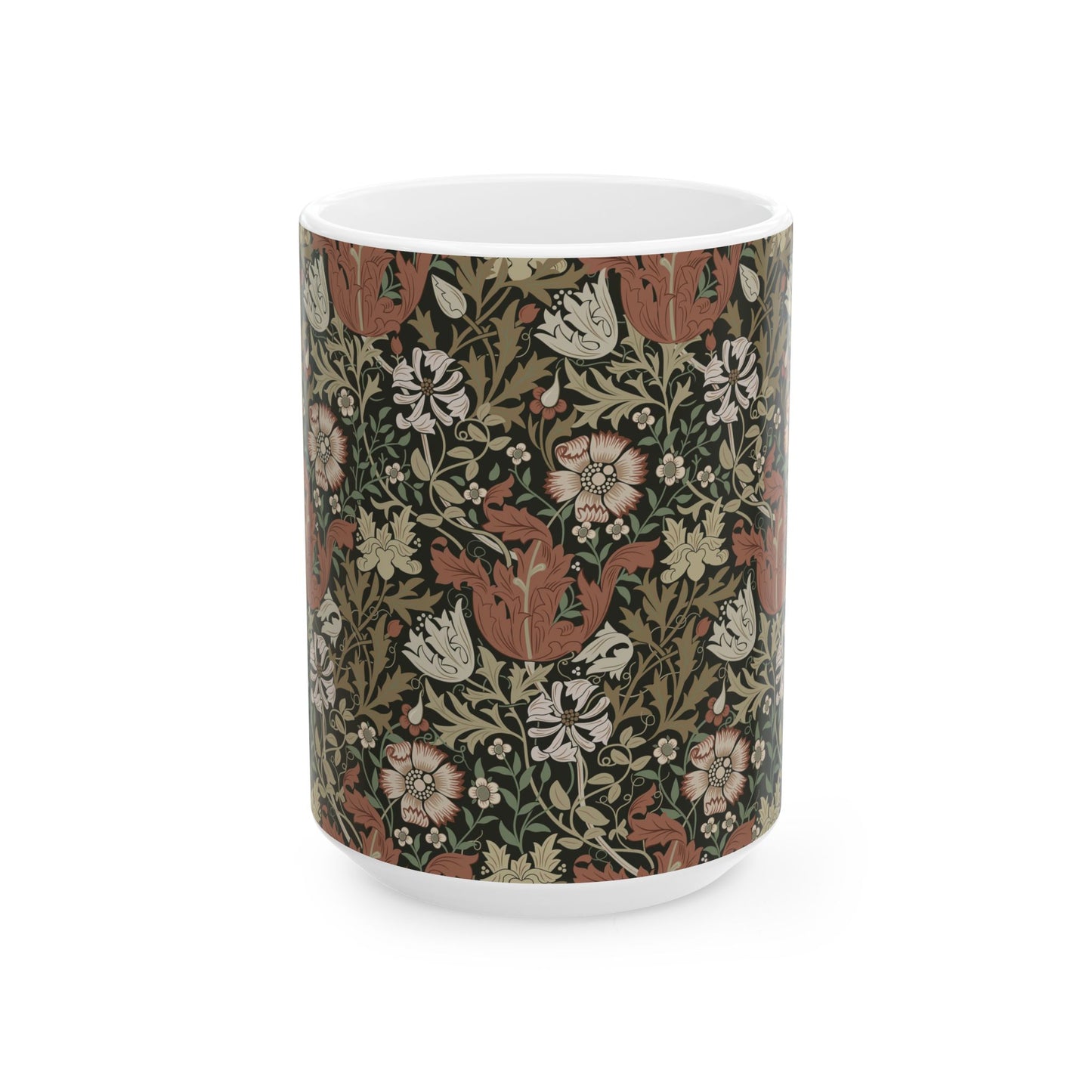 A white ceramic mug with a floral Arts & Crafts pattern called Compton which was inspired by William Morris & Co