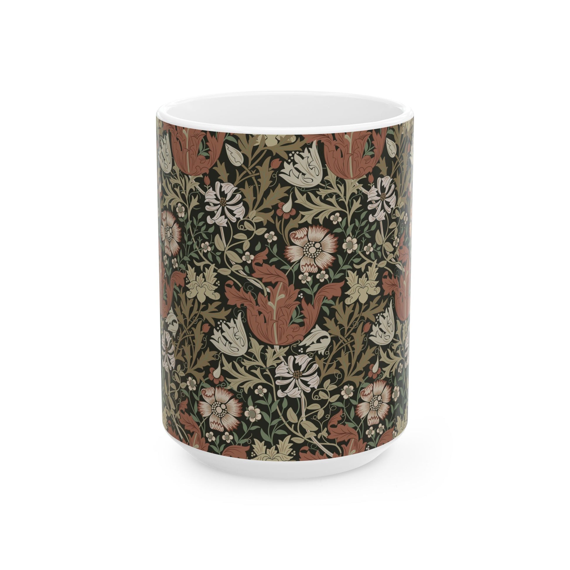 A white ceramic mug with a floral Arts & Crafts pattern called Compton which was inspired by William Morris & Co
