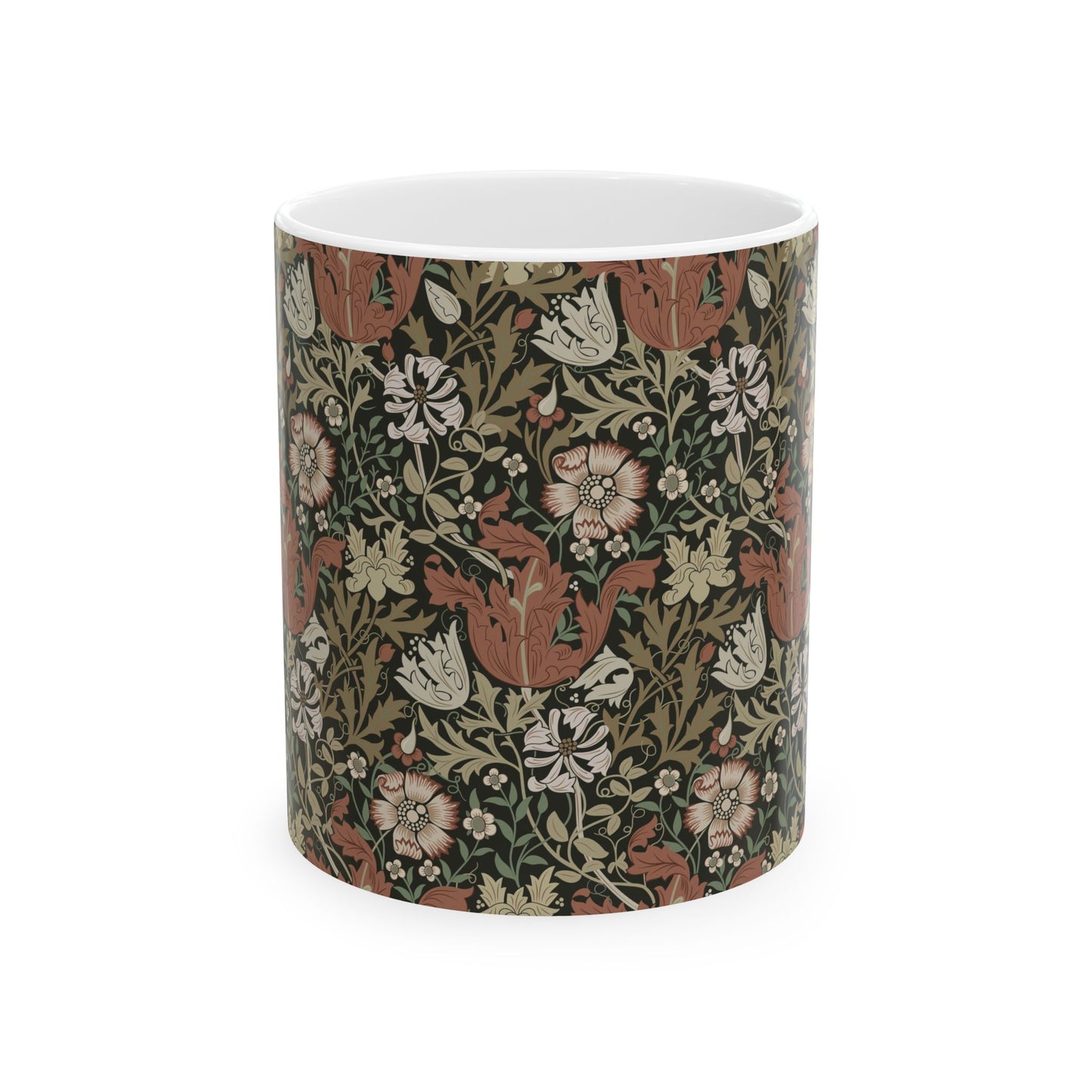 A white ceramic mug with a floral Arts & Crafts pattern called Compton which was inspired by William Morris & Co