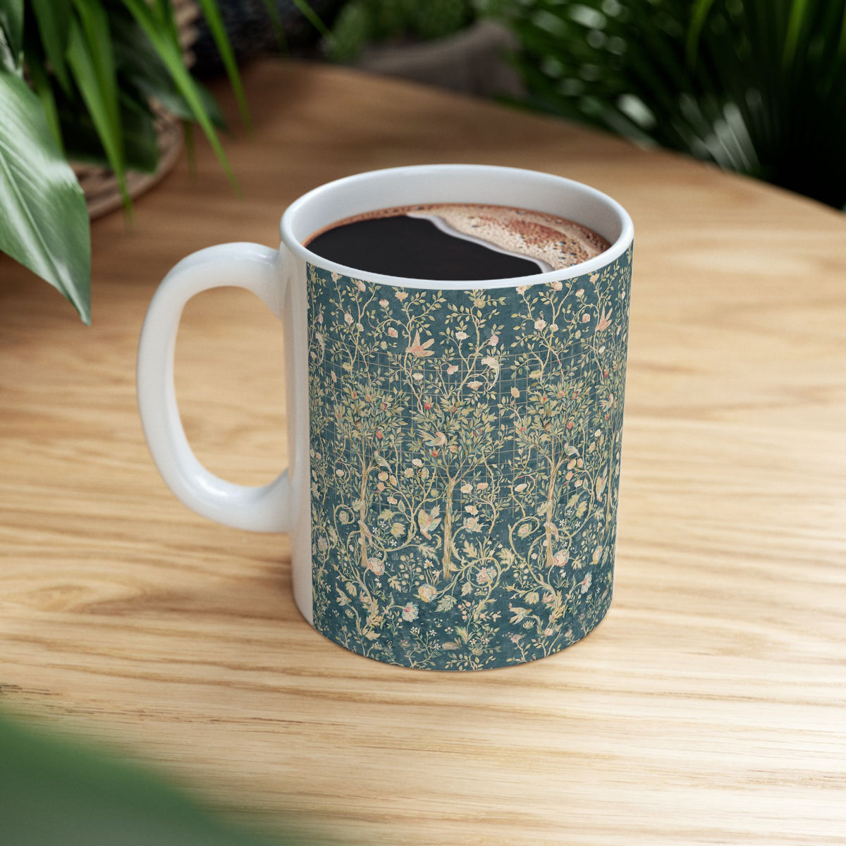 Ceramic Mug designed by William Morris & Co in a green floral pattern called Melsetter Collection (Evergreen Teal)