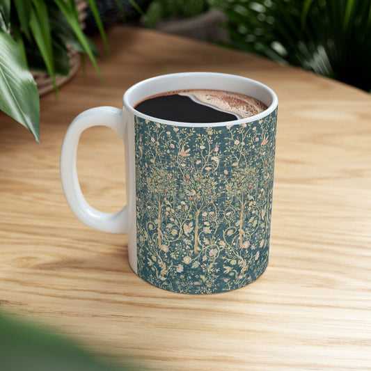 Ceramic Mug designed by William Morris & Co in a green floral pattern called Melsetter Collection (Evergreen Teal)