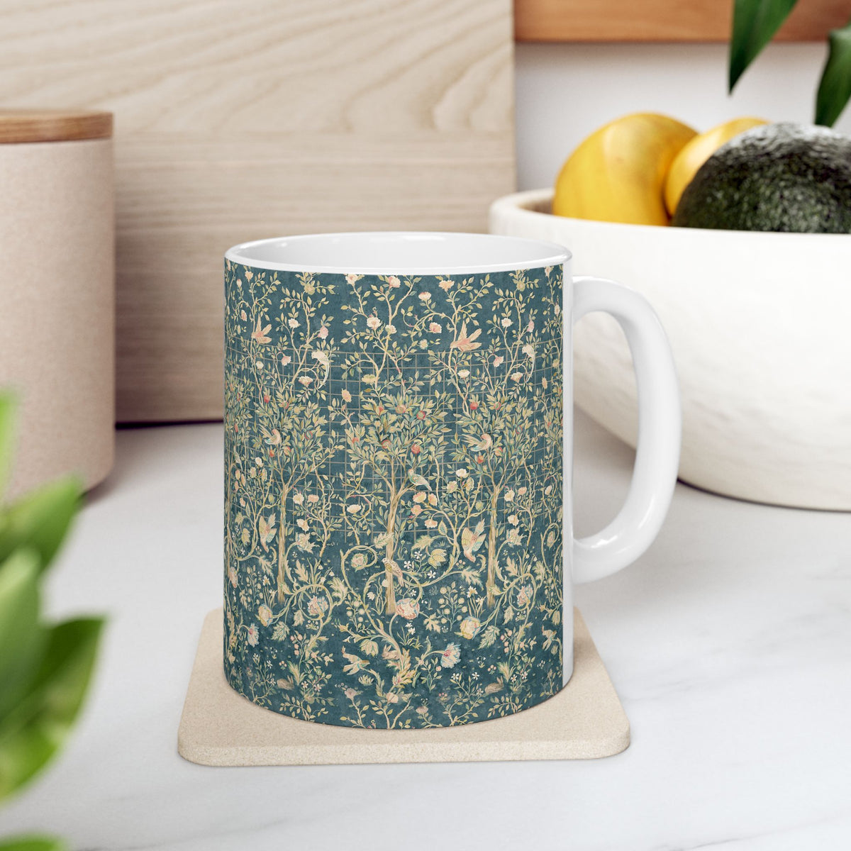 Ceramic Mug designed for William Morris & Co by May Morris  in a green floral pattern called Melsetter Collection (Evergreen Teal)