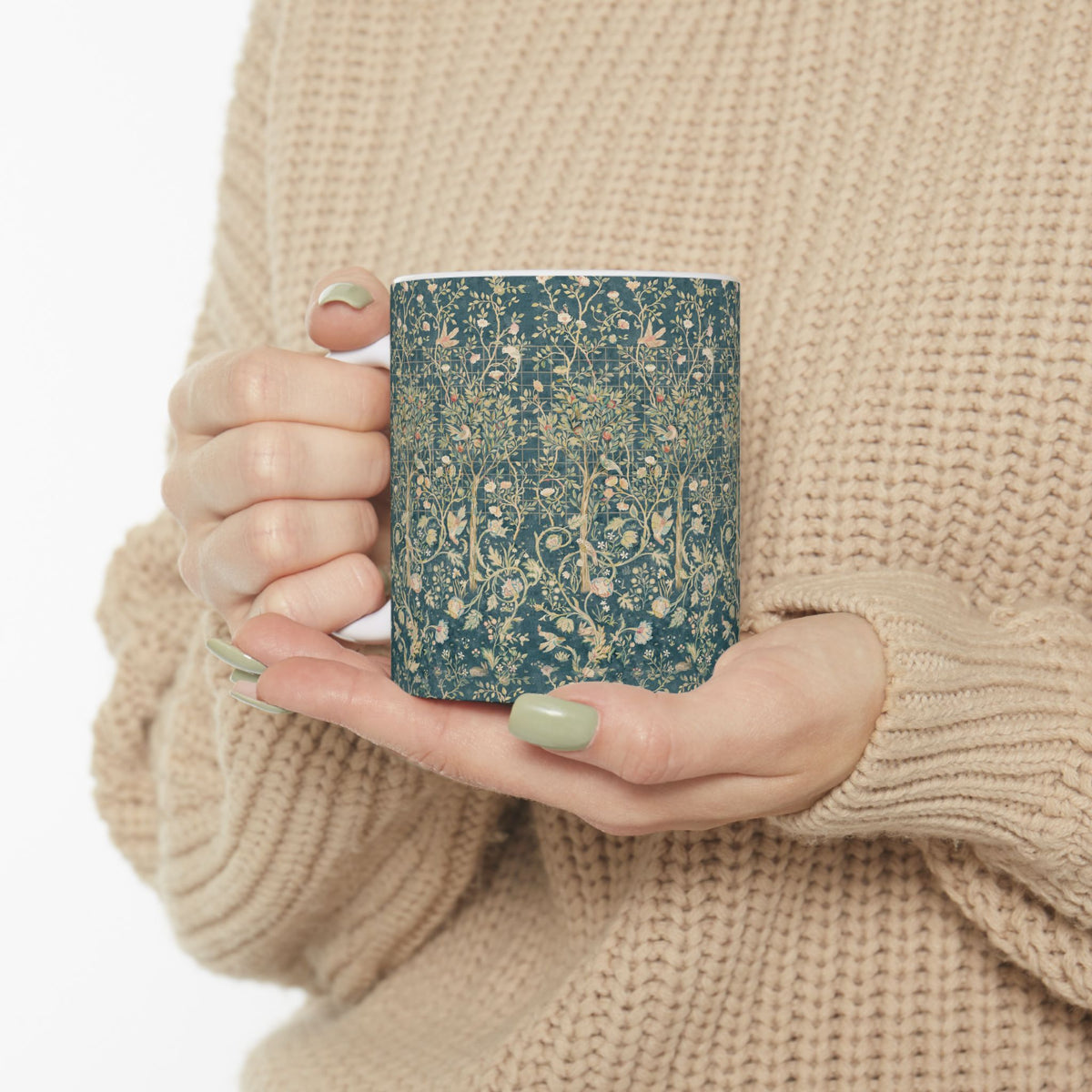 Ceramic Mug designed for William Morris & Co by May Morris  in a green floral pattern called Melsetter Collection (Evergreen Teal)