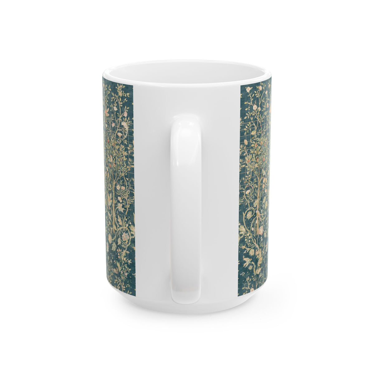 Ceramic Mug designed for William Morris & Co by May Morris  in a green floral pattern called Melsetter Collection (Evergreen Teal)