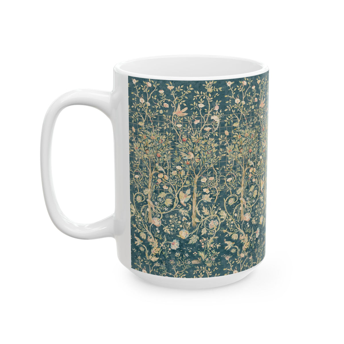 Ceramic Mug designed for William Morris & Co by May Morris  in a green floral pattern called Melsetter Collection (Evergreen Teal)