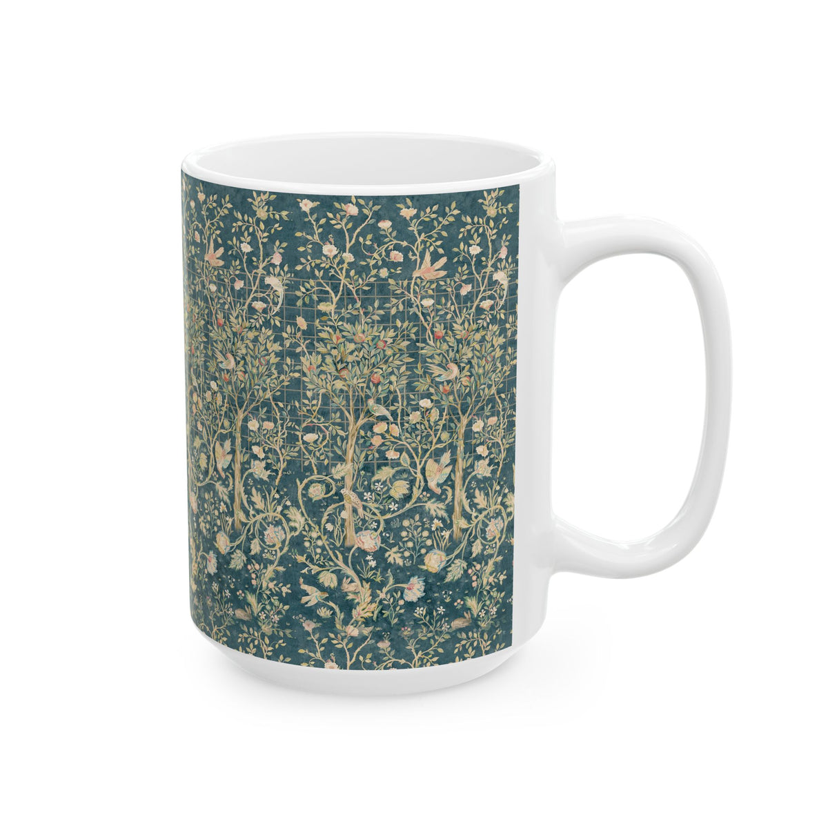 Ceramic Mug designed for William Morris & Co by May Morris  in a green floral pattern called Melsetter Collection (Evergreen Teal)