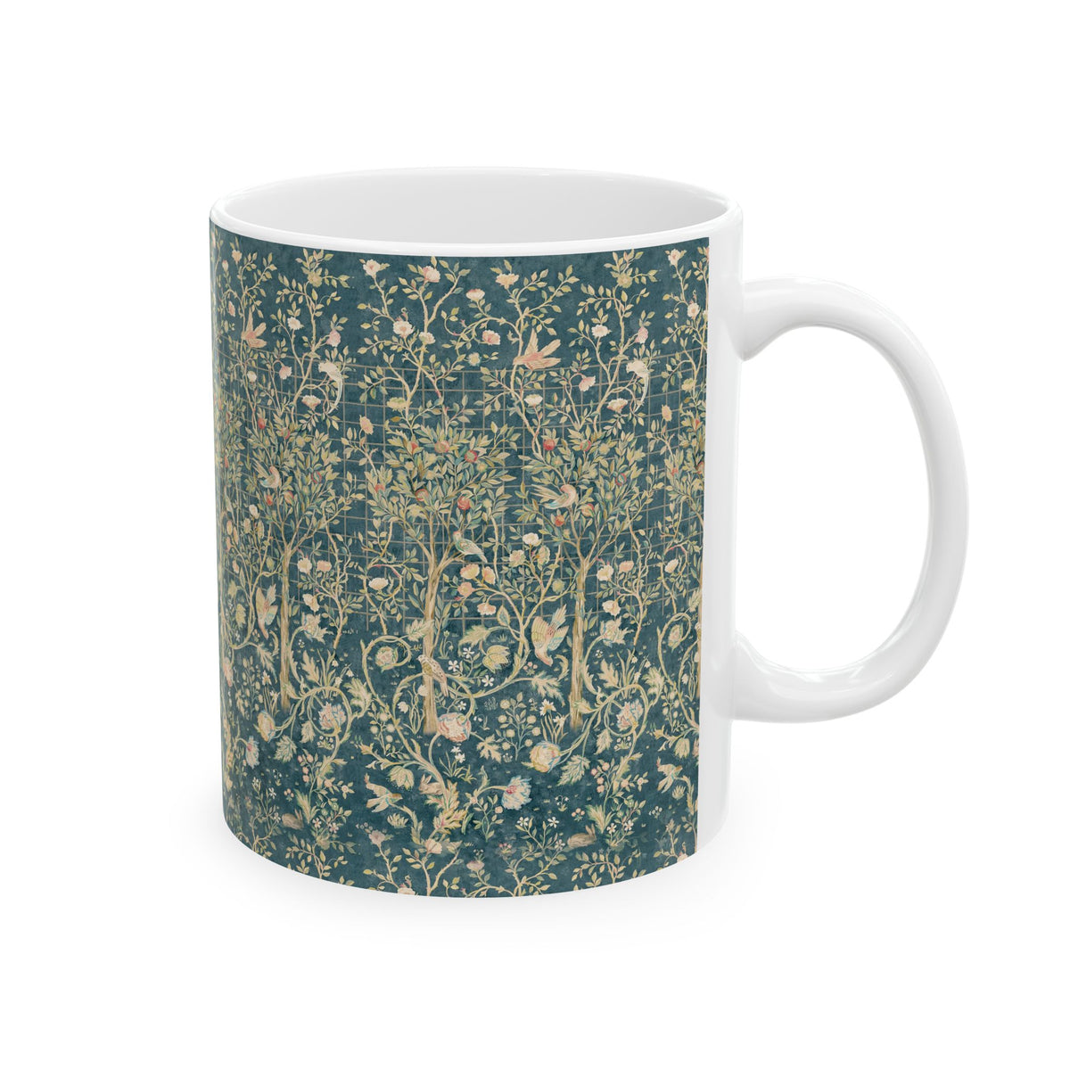 Ceramic Mug designed for William Morris & Co by May Morris  in a green floral pattern called Melsetter Collection (Evergreen Teal)