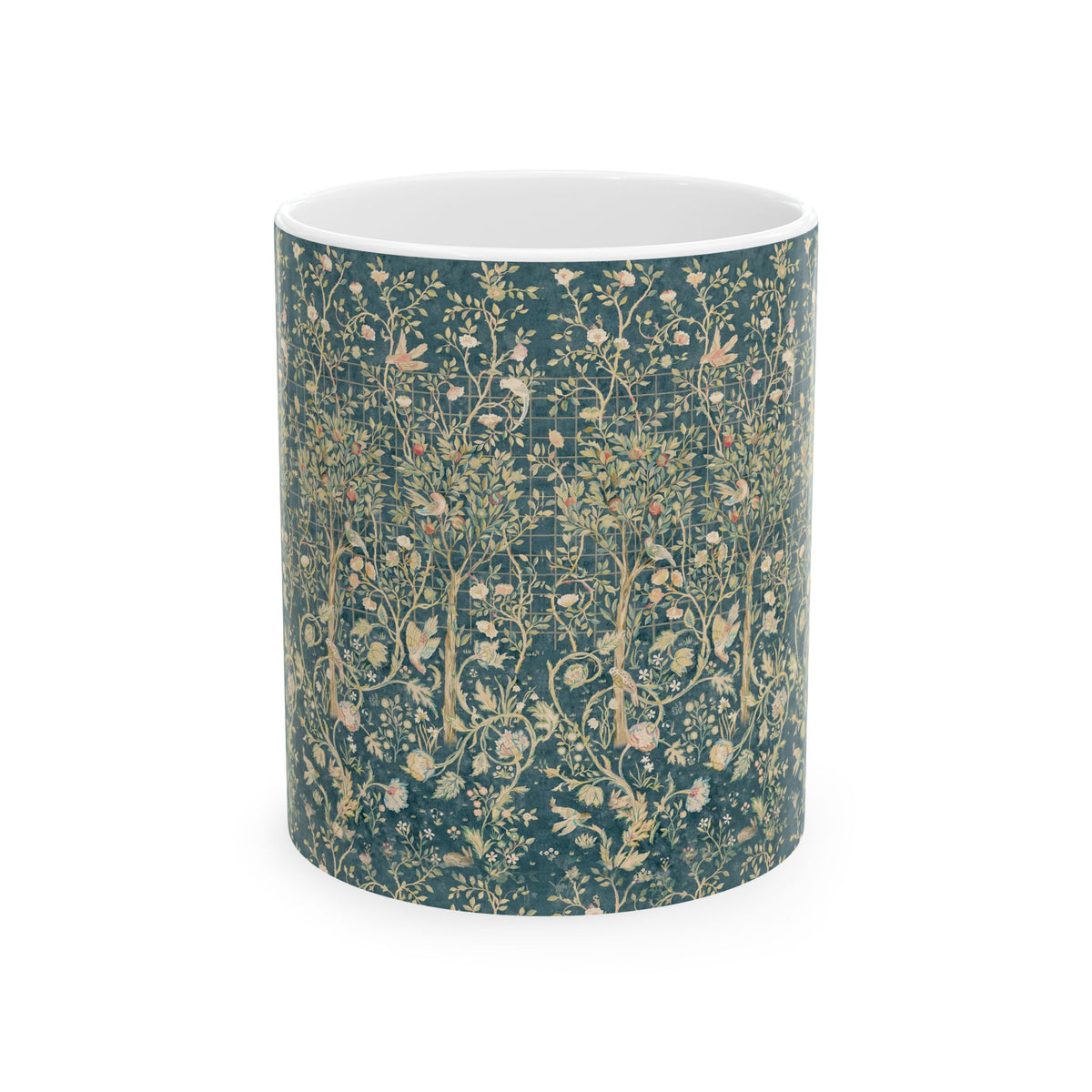 Ceramic Mug designed for William Morris & Co by May Morris  in a green floral pattern called Melsetter Collection (Evergreen Teal)