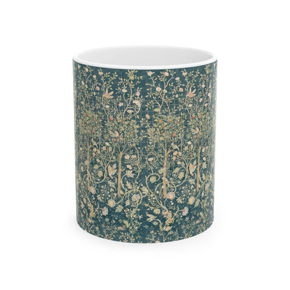 Ceramic Mug designed for William Morris & Co by May Morris  in a green floral pattern called Melsetter Collection (Evergreen Teal)