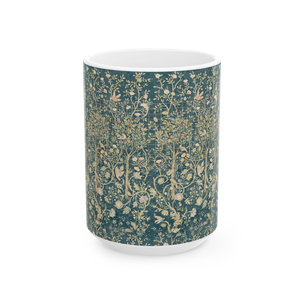 Ceramic Mug designed for William Morris & Co by May Morris  in a green floral pattern called Melsetter Collection (Evergreen Teal)