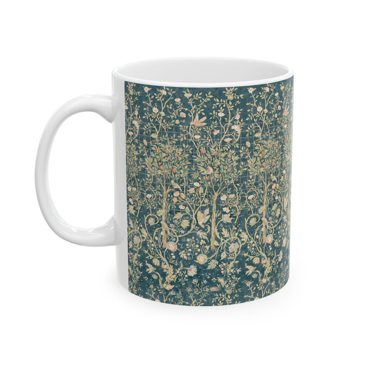 Ceramic Mug designed for William Morris & Co by May Morris  in a green floral pattern called Melsetter Collection (Evergreen Teal)