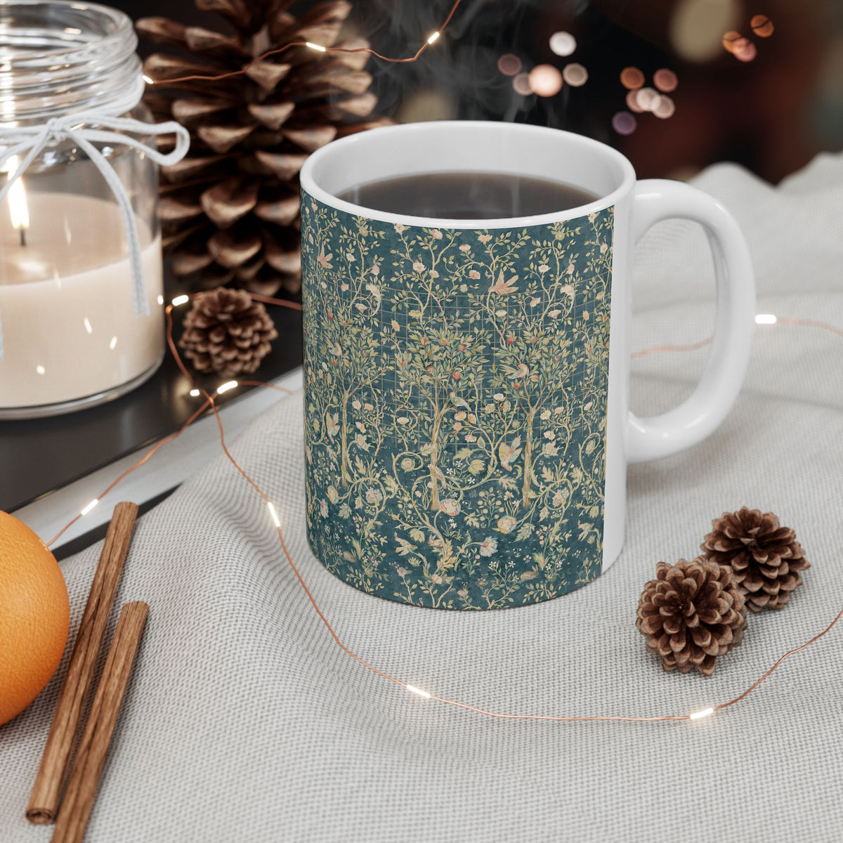 Ceramic Mug designed for William Morris & Co by May Morris  in a green floral pattern called Melsetter Collection (Evergreen Teal)