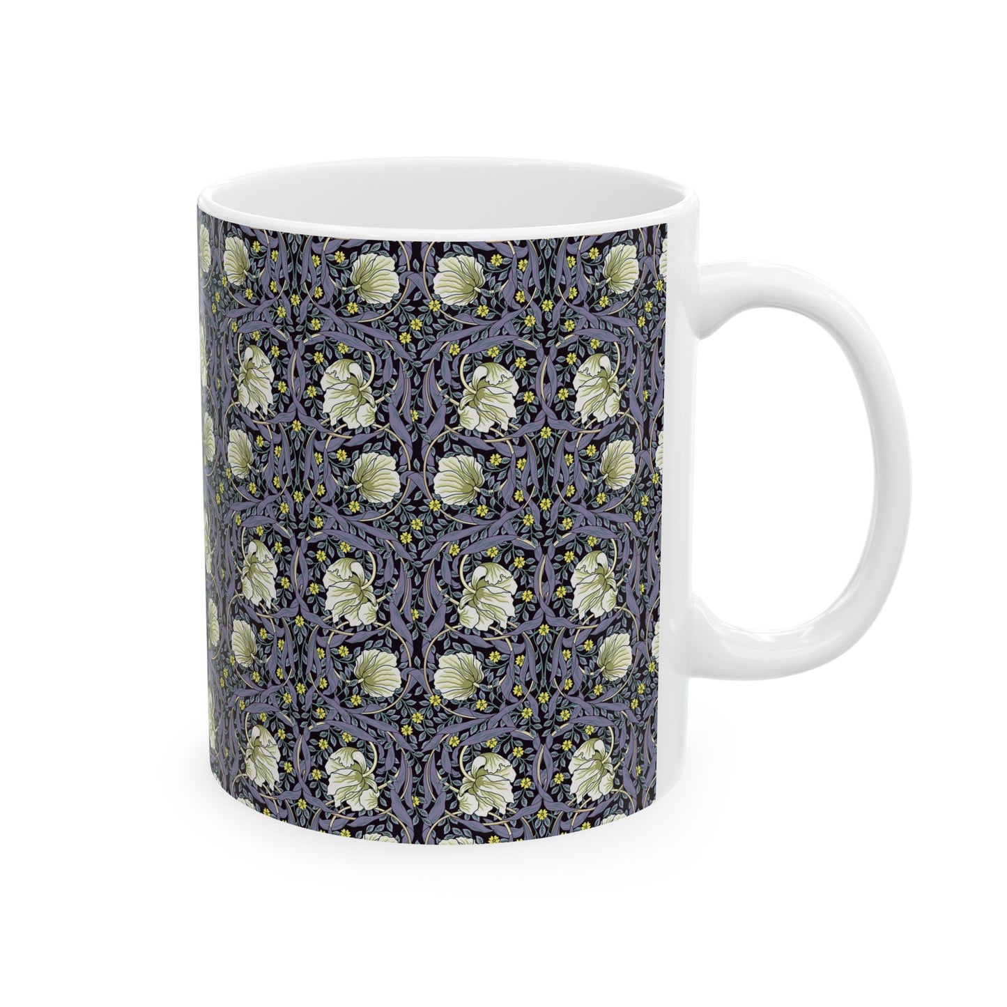 A ceramic mug with a floral pattern inspired by William Morris - Pimpernel Collection in lavender colour.