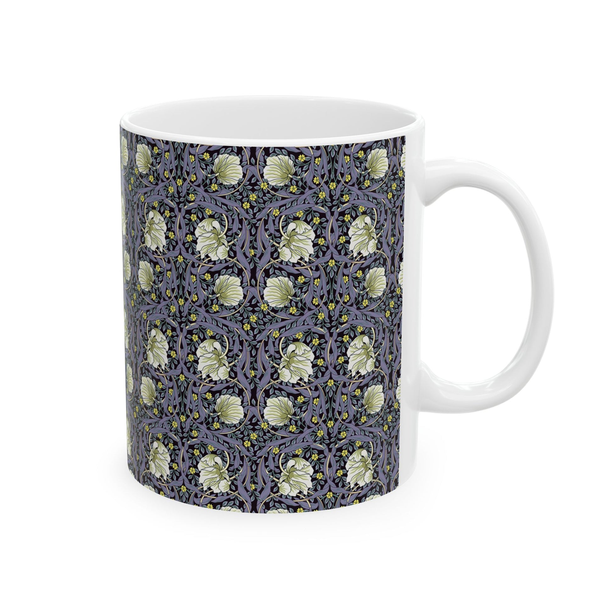 A ceramic mug with a floral pattern inspired by William Morris - Pimpernel Collection in lavender colour.