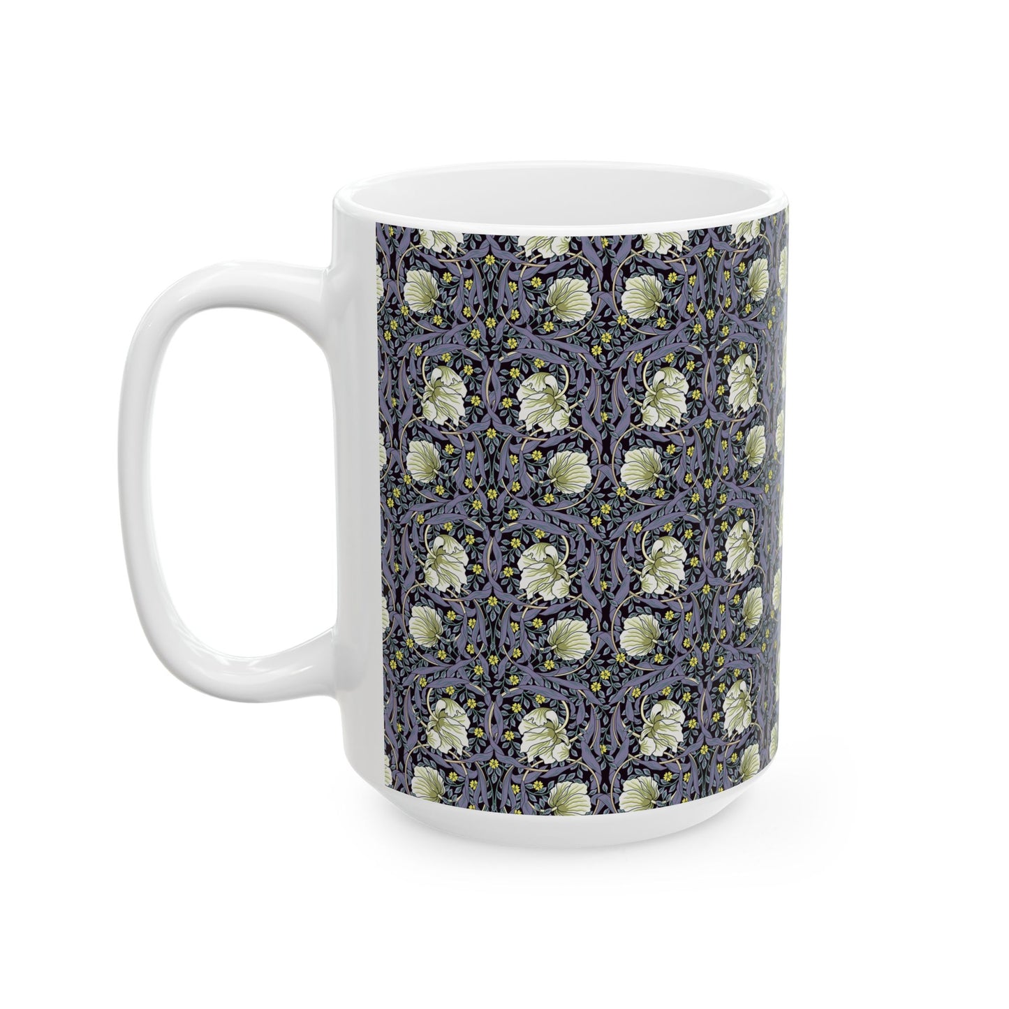 A ceramic mug with a floral pattern inspired by William Morris - Pimpernel Collection in lavender colour.