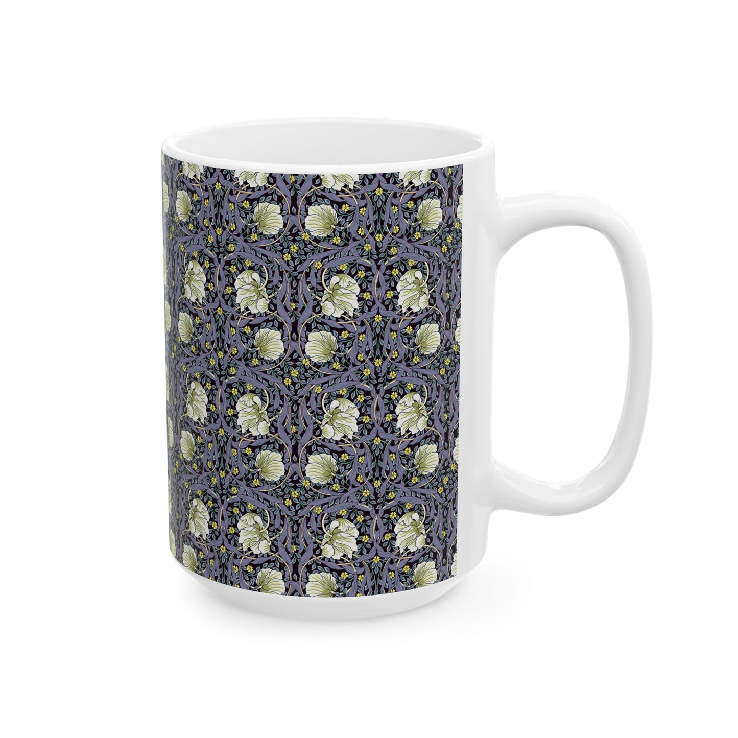 A ceramic mug with a floral pattern inspired by William Morris - Pimpernel Collection in lavender colour.