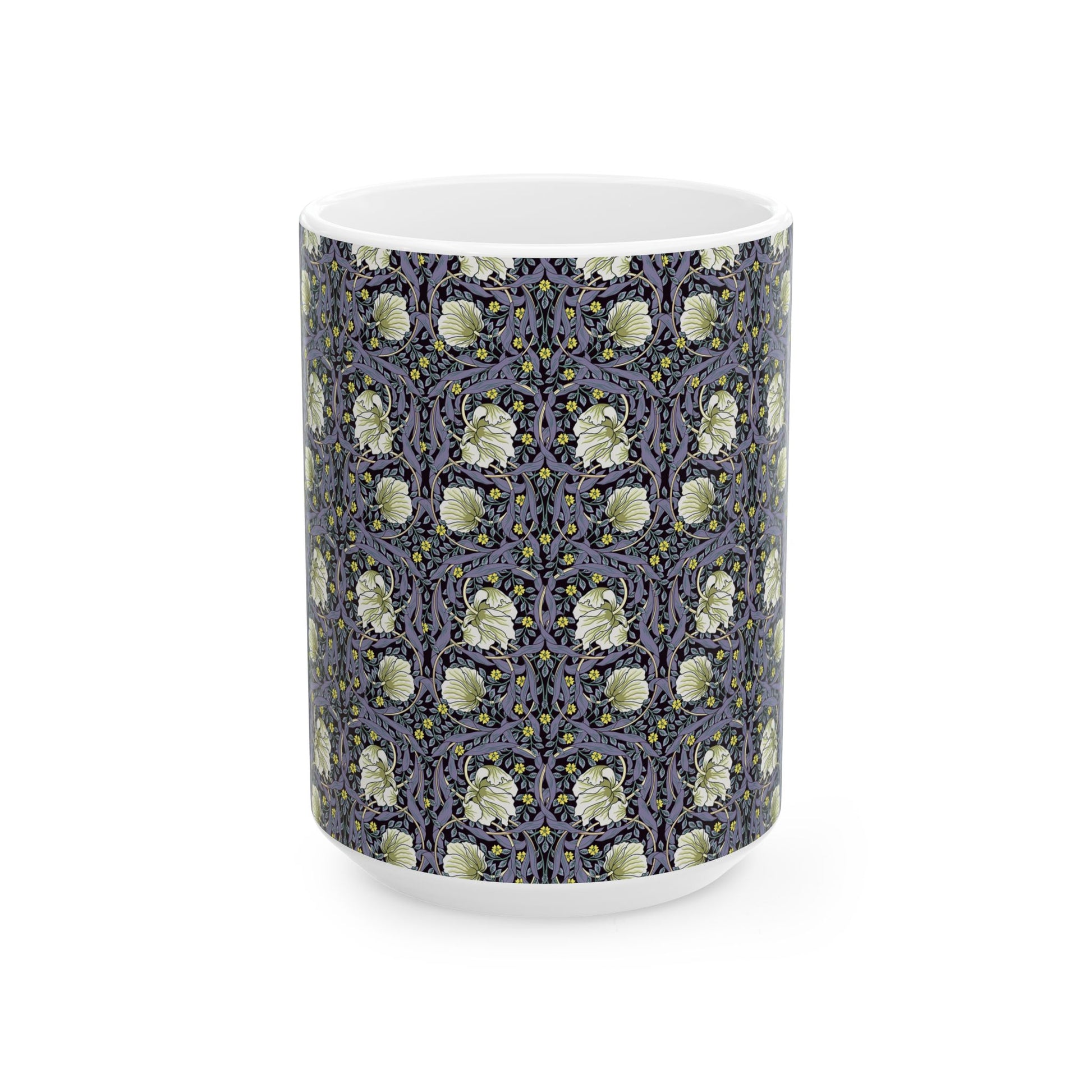 A ceramic mug with a floral pattern inspired by William Morris - Pimpernel Collection in lavender colour.
