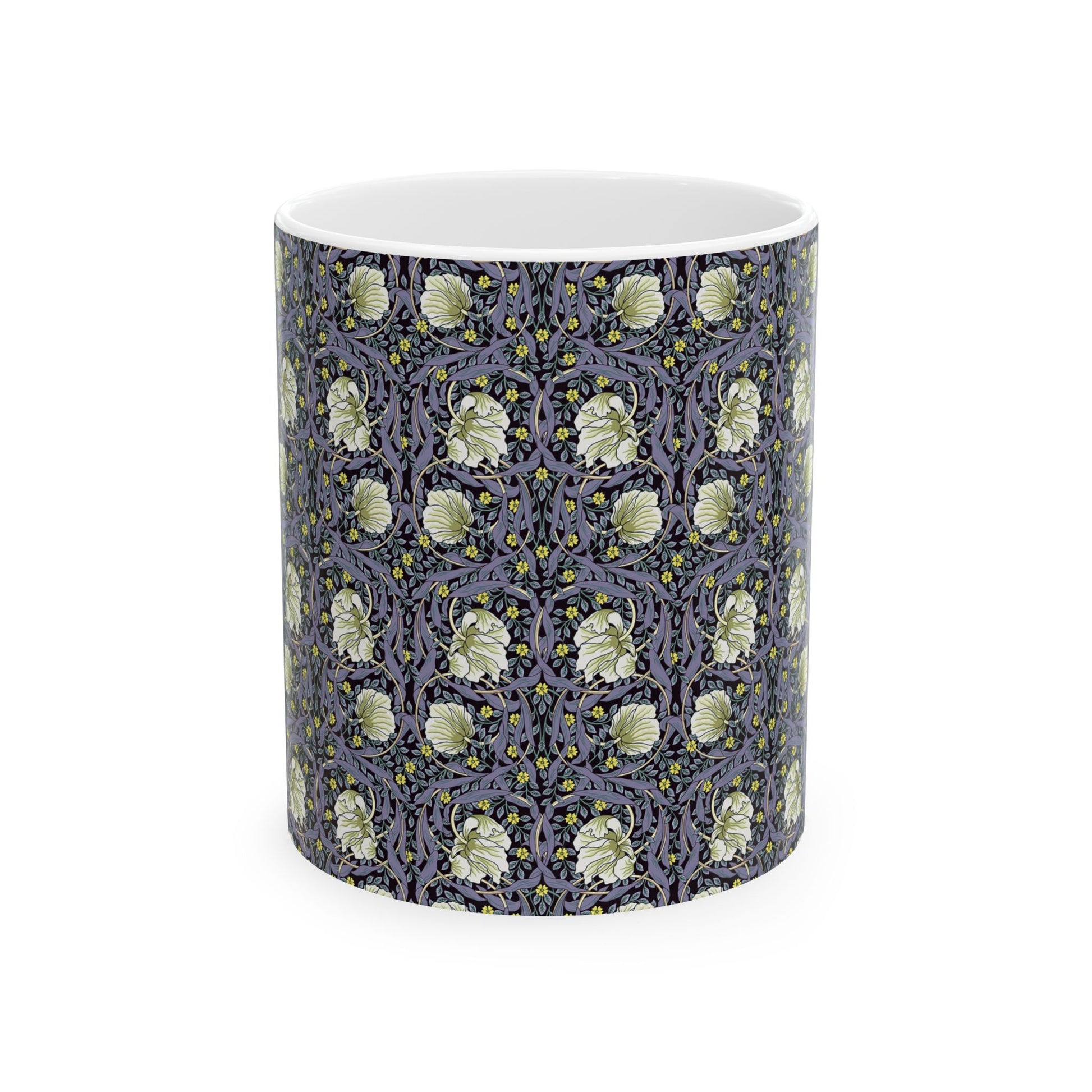 A ceramic mug with a floral pattern inspired by William Morris - Pimpernel Collection in lavender colour.