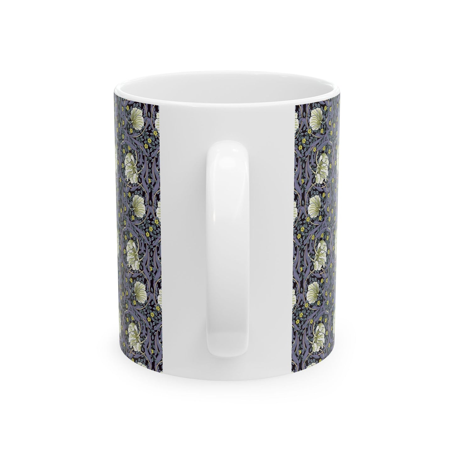A ceramic mug with a floral pattern inspired by William Morris - Pimpernel Collection in lavender colour.