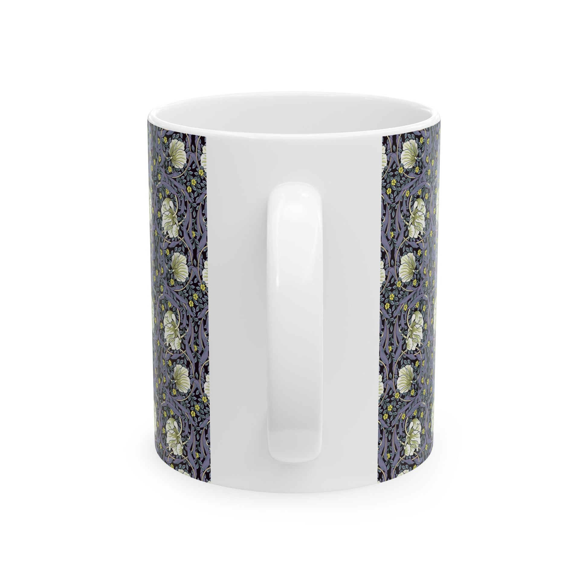 A ceramic mug with a floral pattern inspired by William Morris - Pimpernel Collection in lavender colour.