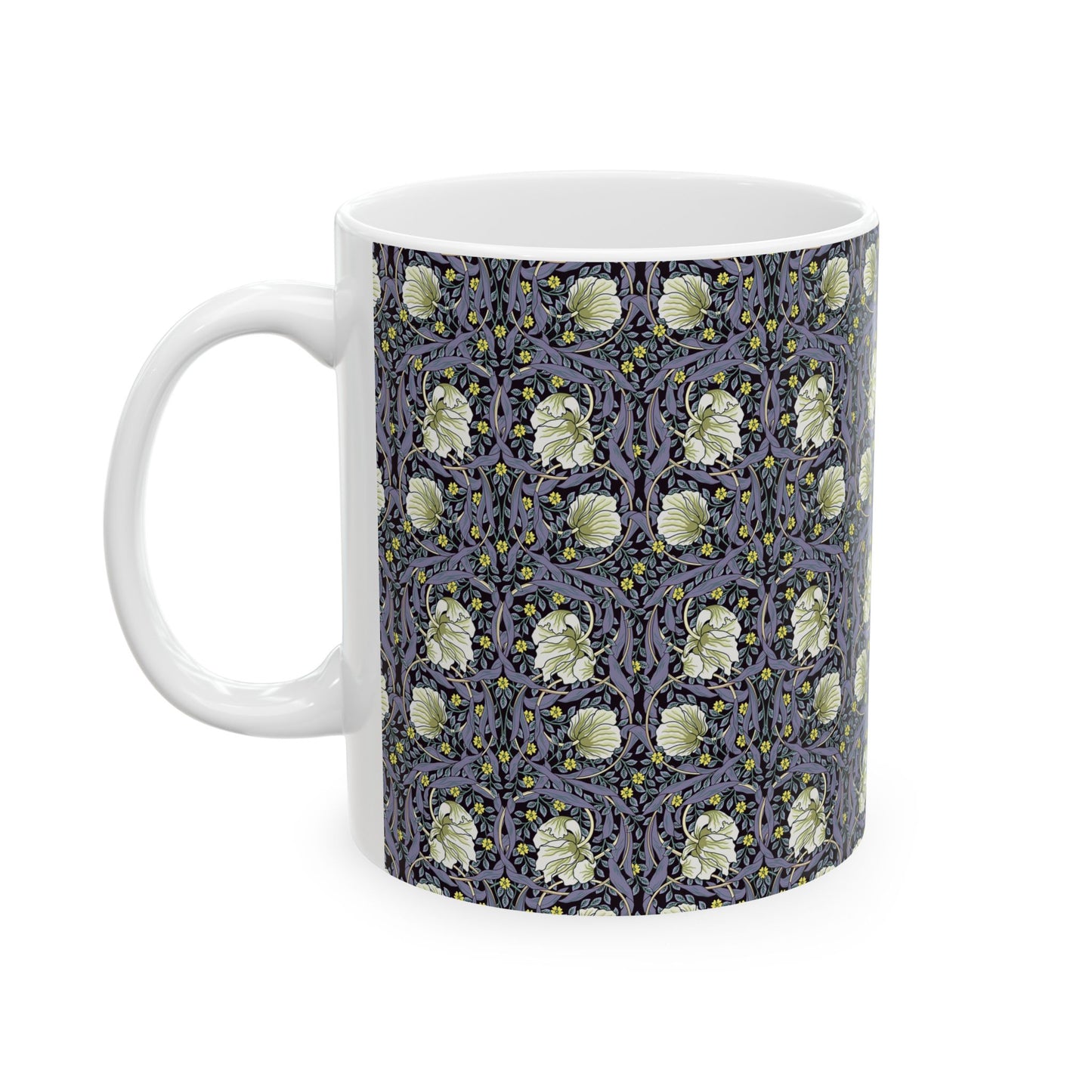 A ceramic mug with a floral pattern inspired by William Morris - Pimpernel Collection in lavender colour.