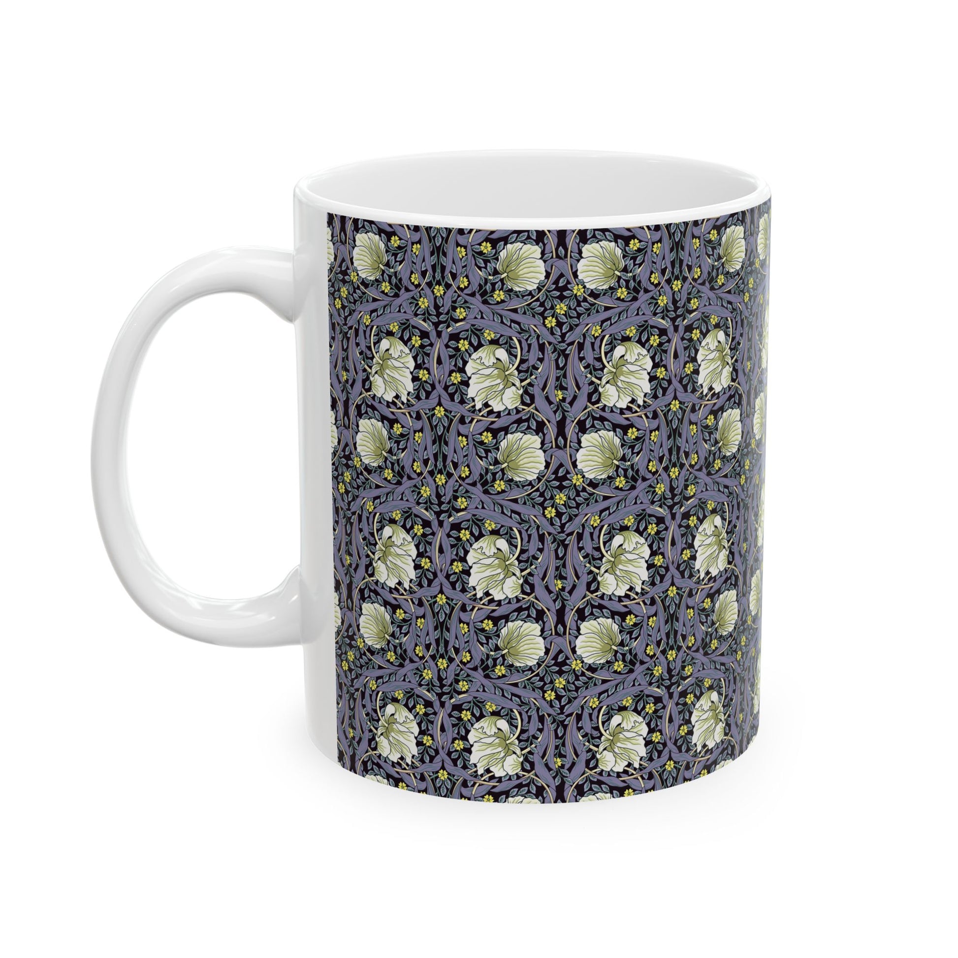 A ceramic mug with a floral pattern inspired by William Morris - Pimpernel Collection in lavender colour.