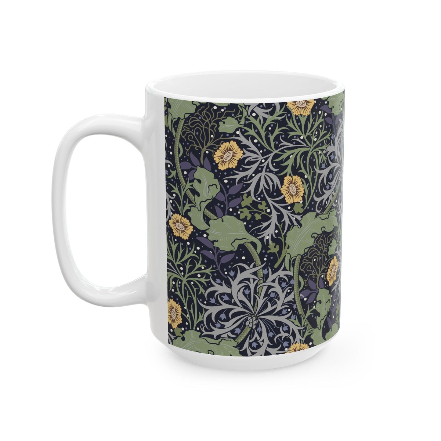 A white ceramic mug with a yellow and green floral pattern from the Collection called Seaweed inspired by William Morris.