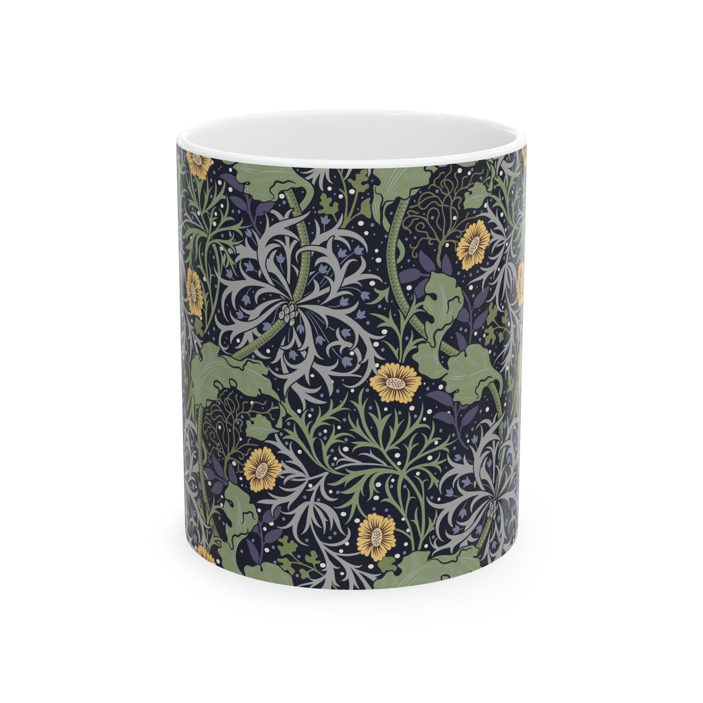 A white ceramic mug with a yellow and green floral pattern from the Collection called Seaweed inspired by William Morris.