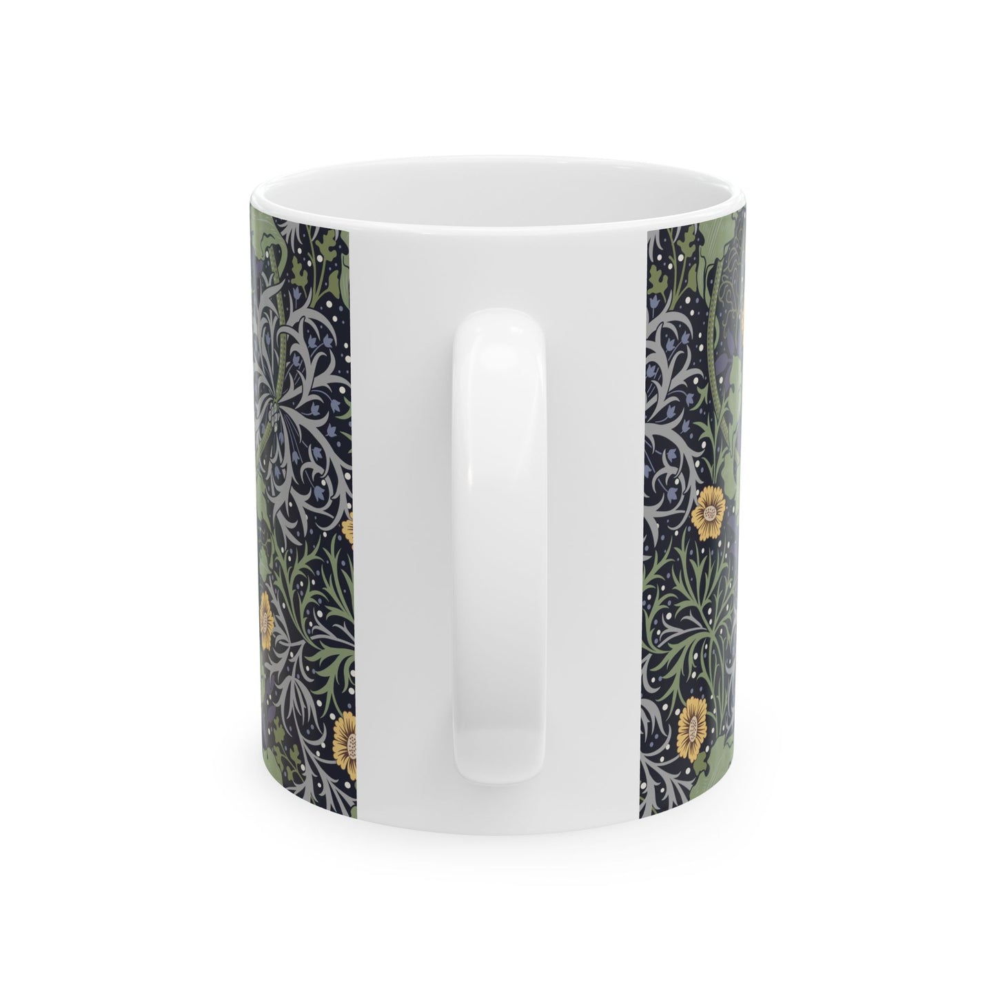 A white ceramic mug with a yellow and green floral pattern from the Collection called Seaweed inspired by William Morris.