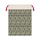 A rectangular Christmas-themed linen drawstring bag with a floral William Morris & Co pattern in gray, beige, and red colours, featuring a red drawstring at the top.