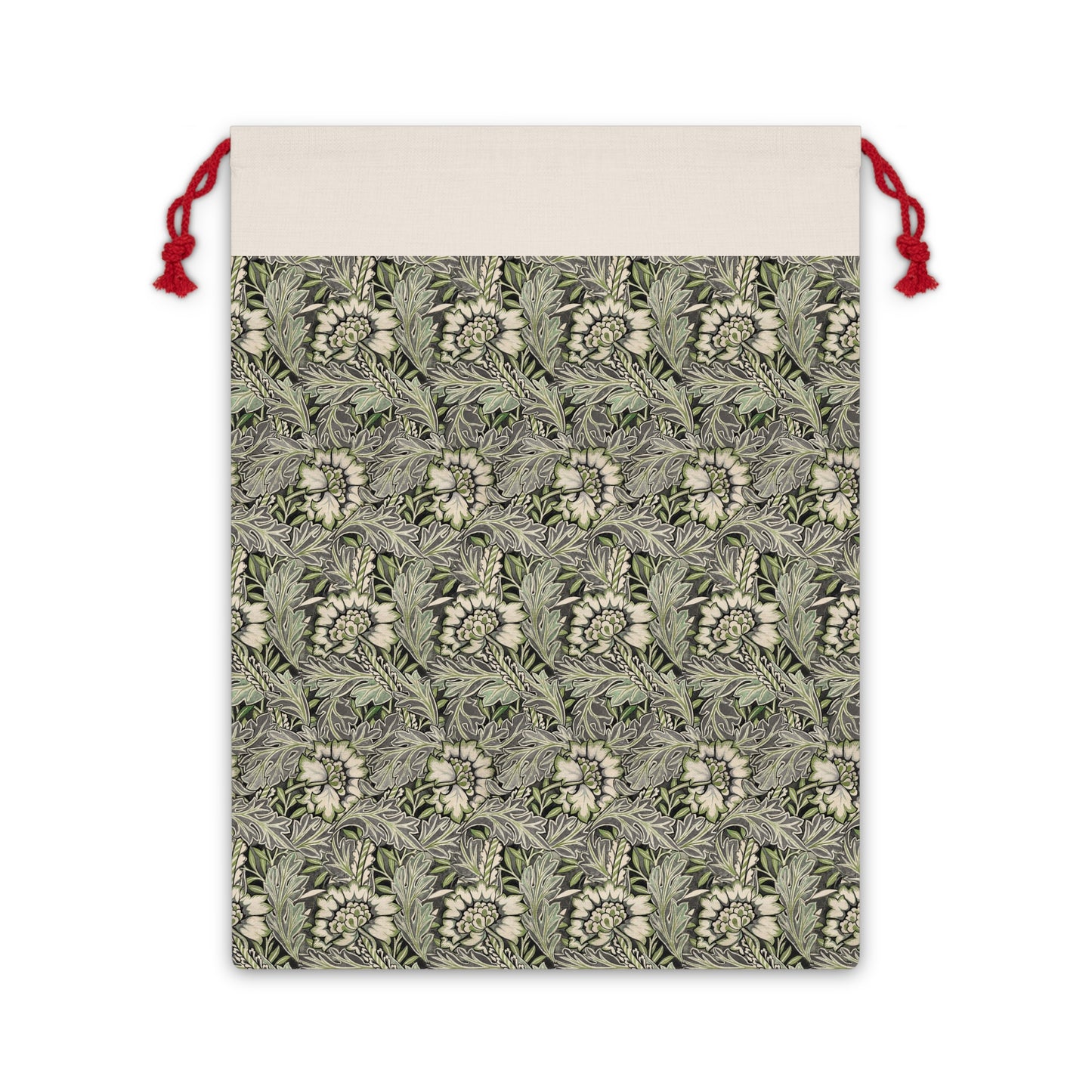 A rectangular Christmas-themed linen drawstring bag with a floral William Morris & Co pattern in gray, beige, and red colours, featuring a red drawstring at the top.