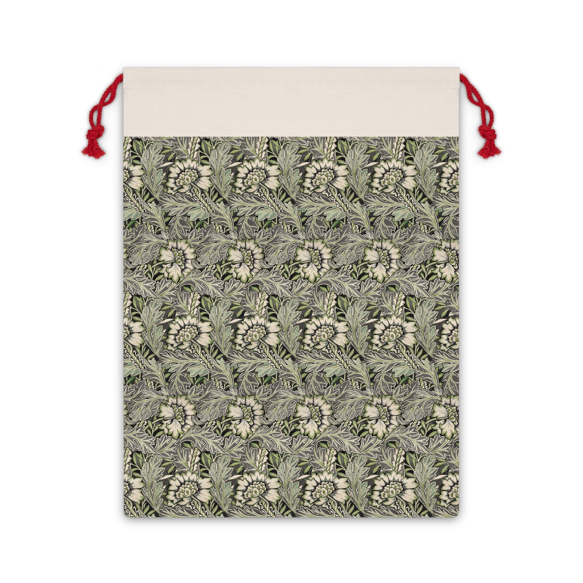 A rectangular Christmas-themed linen drawstring bag with a floral William Morris & Co pattern in gray, beige, and red colours, featuring a red drawstring at the top.