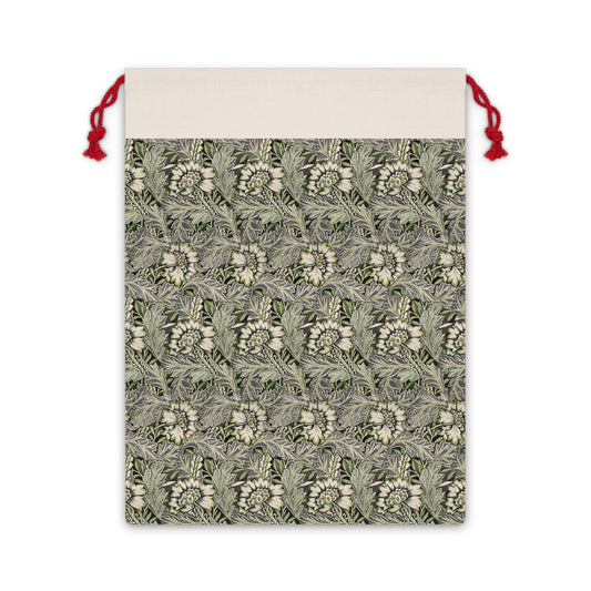 A rectangular Christmas-themed linen drawstring bag with a floral William Morris & Co pattern in gray, beige, and red colours, featuring a red drawstring at the top.