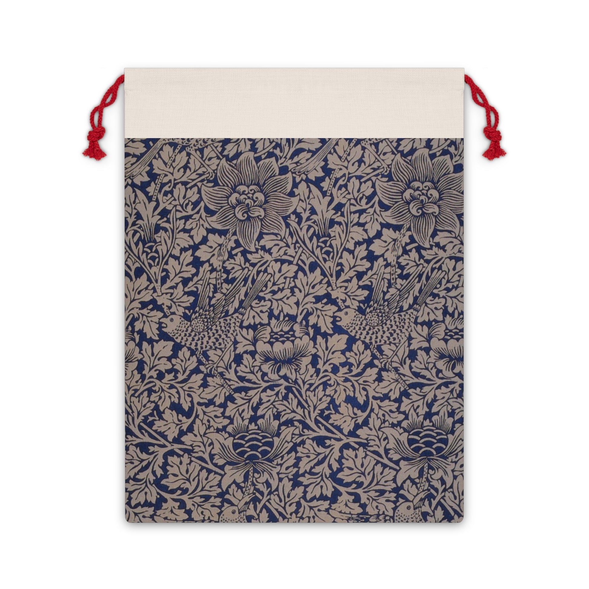 A beige linen drawstring bag with a floral pattern inspired by William Morris, featuring a red drawstring at the top.