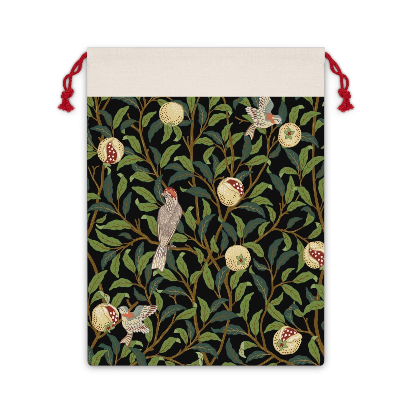 A Christmas Santa Sack with a bird and pomegranate design, inspired by William Morris, in Onyx colour.