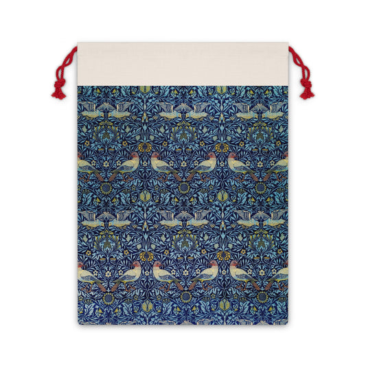 Drawstring bag with a blue pattern featuring birds and flowers on a white background