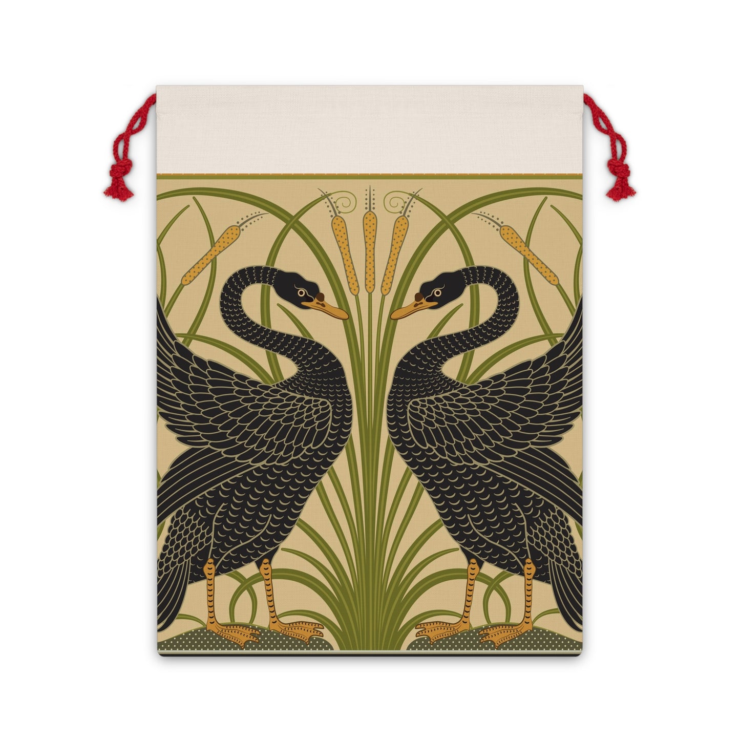 Decorative artwork on a santa sack of two black swans with green reeds and yellow flowers on a beige background.